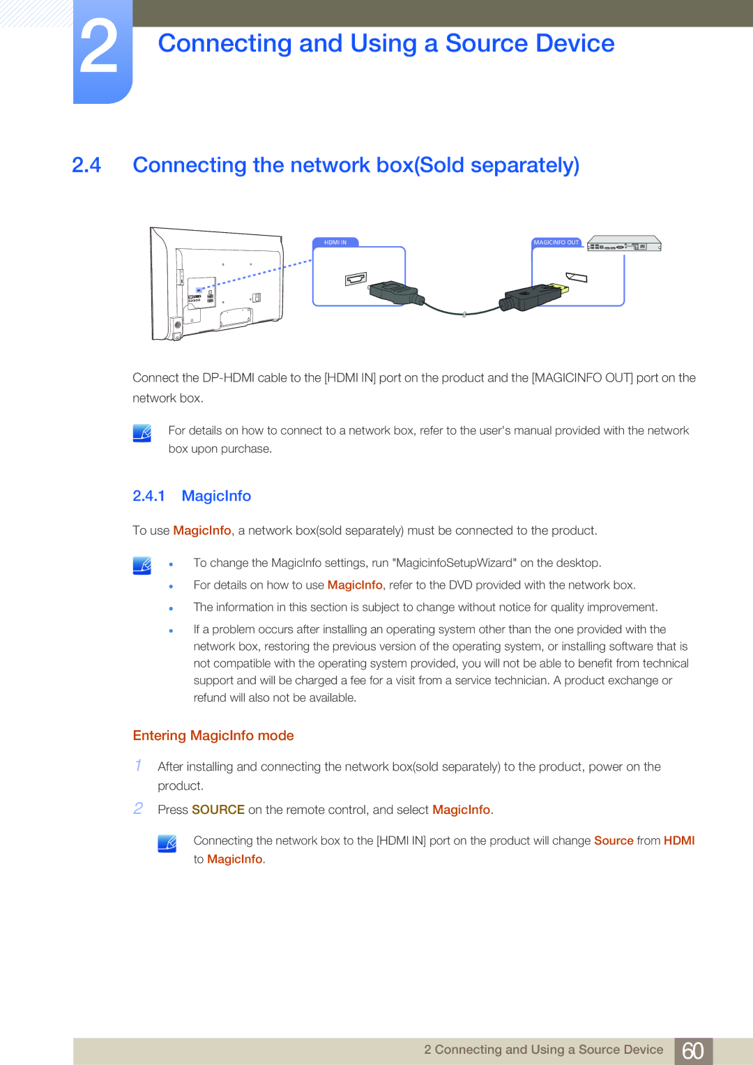 Samsung LH40MDBPLGC/XY, LH55MDBPLGC/EN manual Connecting the network boxSold separately, Entering MagicInfo mode 