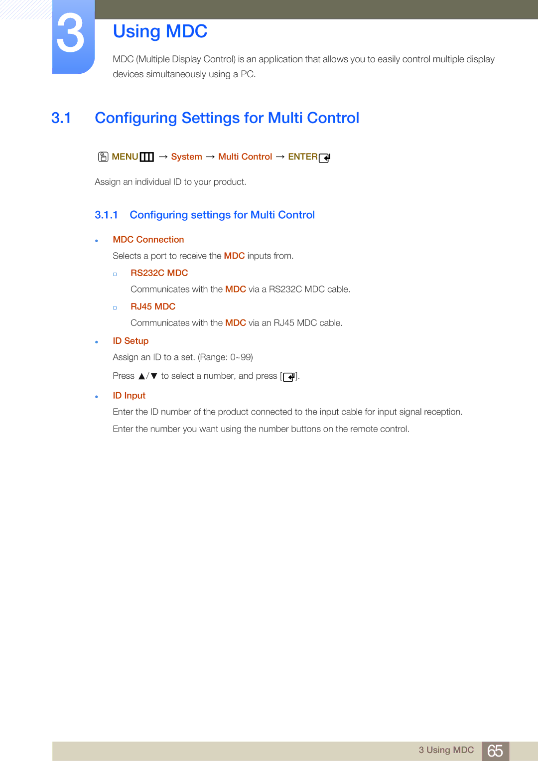 Samsung LH55MDBPLGC/EN manual Using MDC, Configuring Settings for Multi Control, Configuring settings for Multi Control 