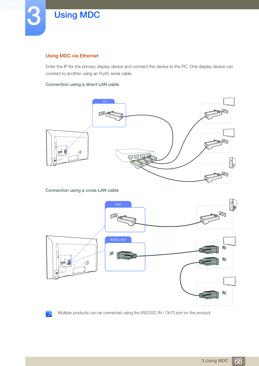 Samsung LH32MDBPLGC/EN Using MDC via Ethernet, Connection using a direct LAN cable, Connection using a cross LAN cable 