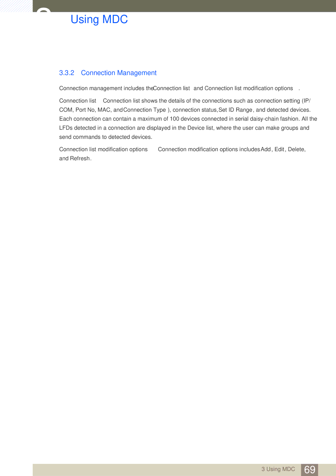 Samsung LH46MDBPLGC/NG, LH55MDBPLGC/EN, LH40MDBPLGC/EN, LH46MDBPLGC/EN, LH32MDBPLGC/EN, LH55MDBPLGC/NG Connection Management 