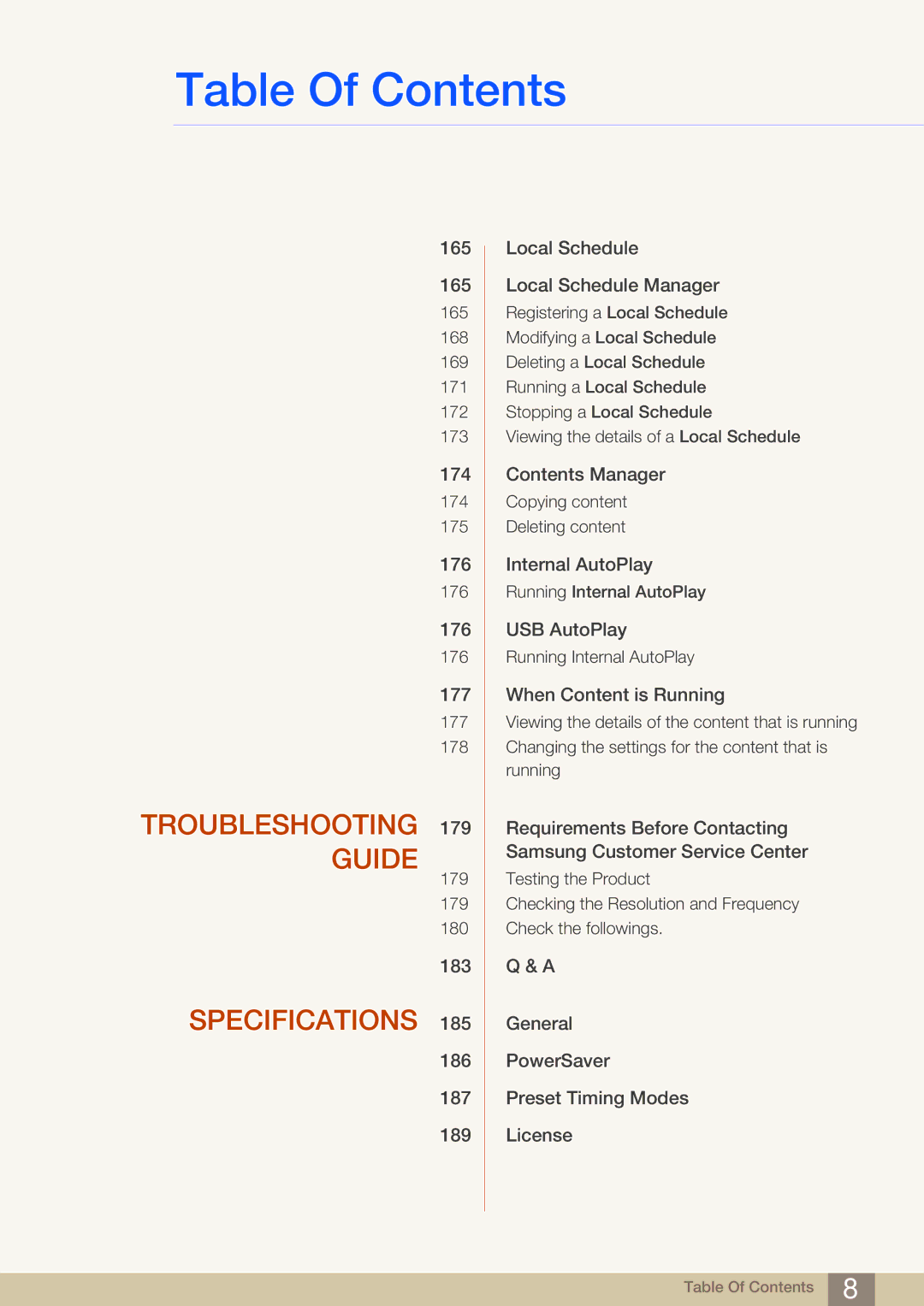 Samsung LH40MDBPLGC/XY, LH55MDBPLGC/EN, LH40MDBPLGC/EN, LH46MDBPLGC/EN, LH32MDBPLGC/EN manual Troubleshooting 179 Guide 