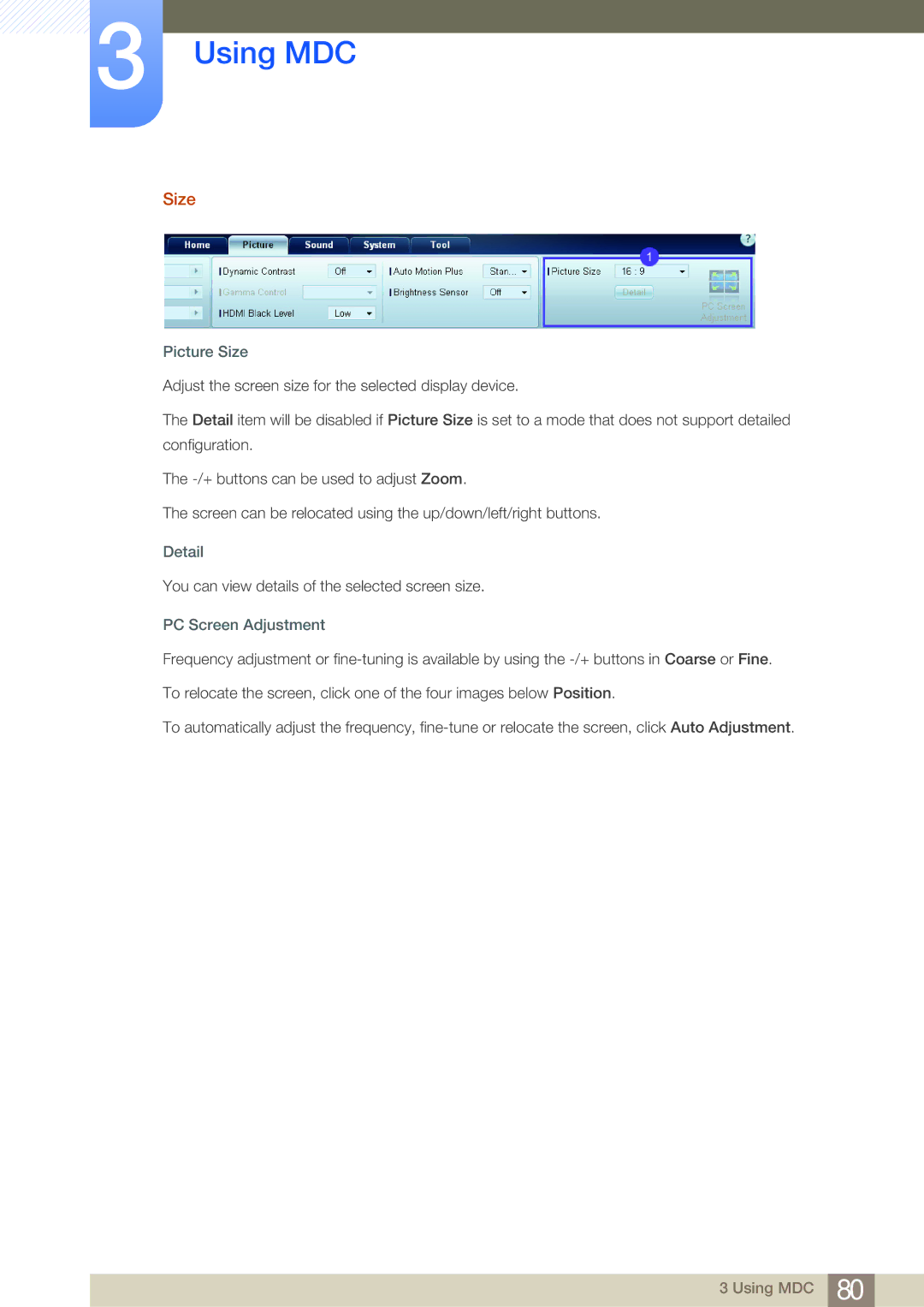 Samsung LH46MDBPLGC/EN, LH55MDBPLGC/EN, LH40MDBPLGC/EN, LH32MDBPLGC/EN manual Picture Size, Detail, PC Screen Adjustment 