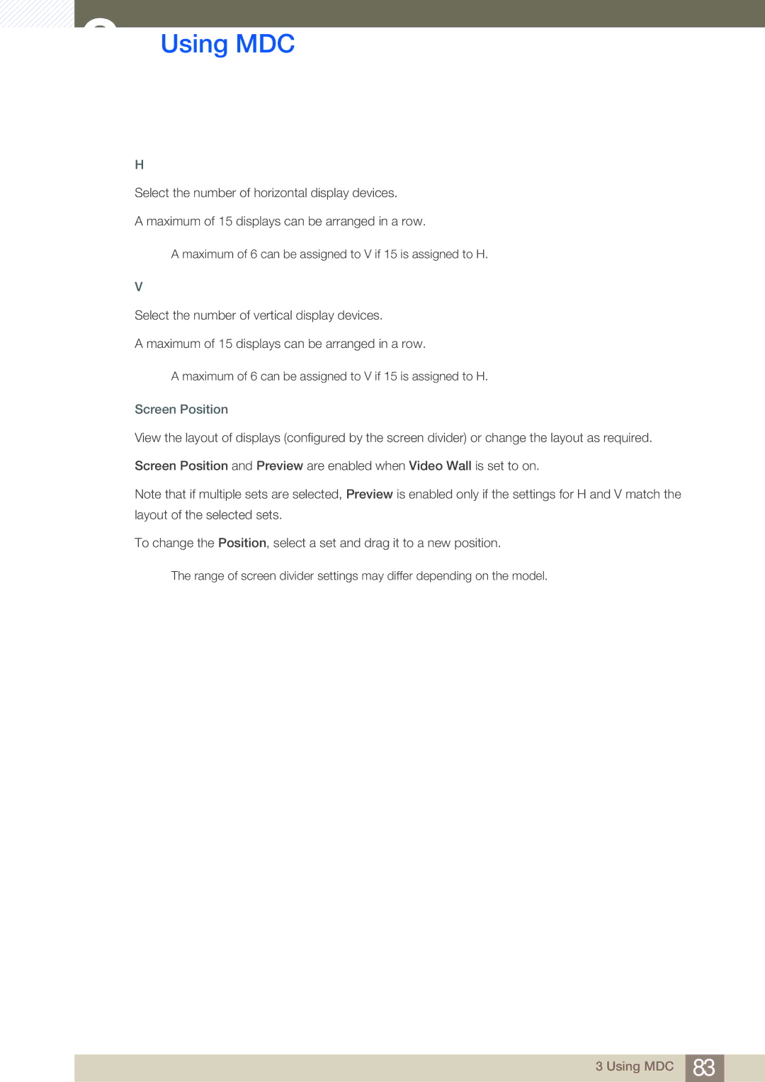 Samsung LH55MDBPLGC/NG, LH55MDBPLGC/EN, LH40MDBPLGC/EN, LH46MDBPLGC/EN, LH32MDBPLGC/EN, LH46MDBPLGC/NG manual Screen Position 