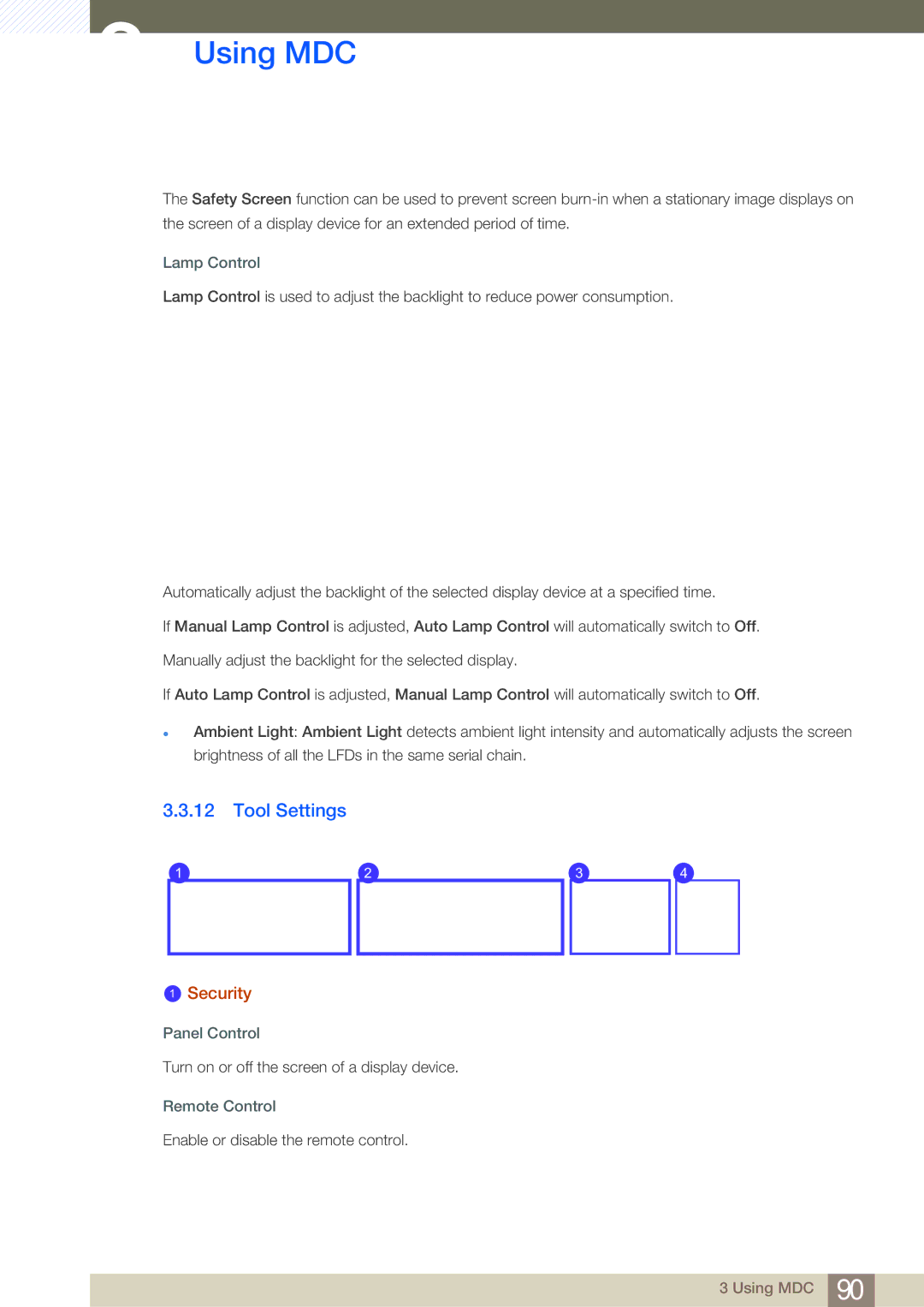 Samsung LH46MDBPLGC/XY, LH55MDBPLGC/EN, LH40MDBPLGC/EN manual Tool Settings, Lamp Control, Panel Control, Remote Control 