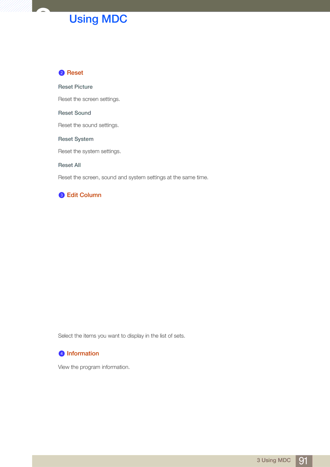 Samsung LH55MDBPLGC/EN, LH40MDBPLGC/EN, LH46MDBPLGC/EN, LH32MDBPLGC/EN, LH46MDBPLGC/NG manual Reset, Edit Column, Information 