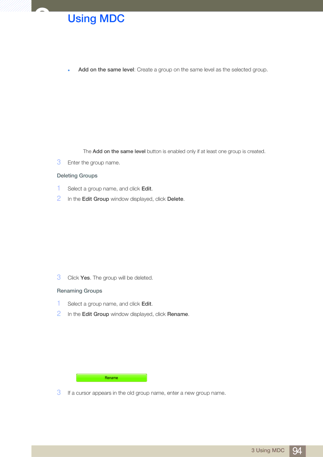 Samsung LH32MDBPLGC/EN, LH55MDBPLGC/EN, LH40MDBPLGC/EN, LH46MDBPLGC/EN, LH46MDBPLGC/NG manual Deleting Groups, Renaming Groups 