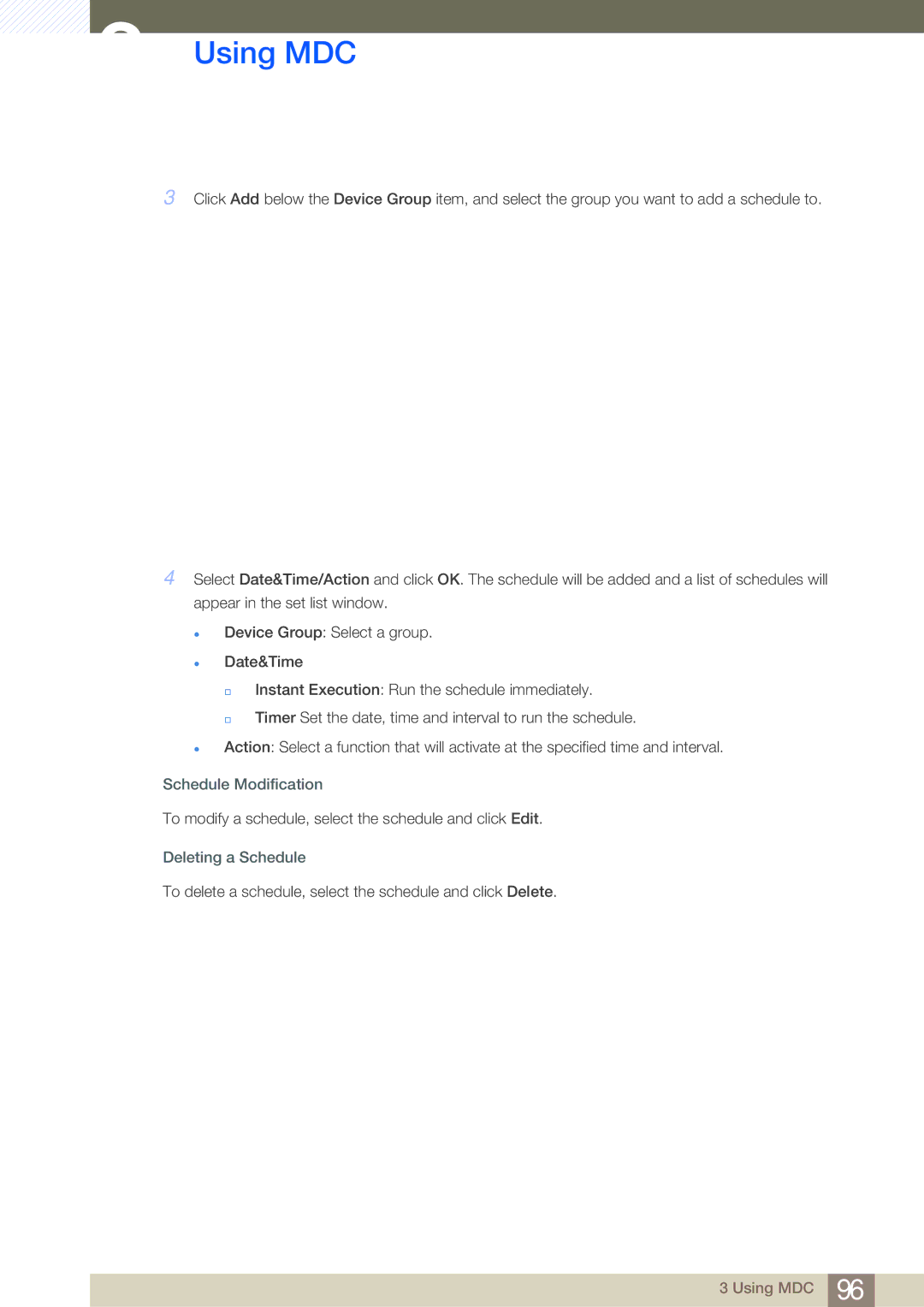 Samsung LH55MDBPLGC/NG, LH55MDBPLGC/EN, LH40MDBPLGC/EN, LH46MDBPLGC/EN manual Schedule Modification, Deleting a Schedule 