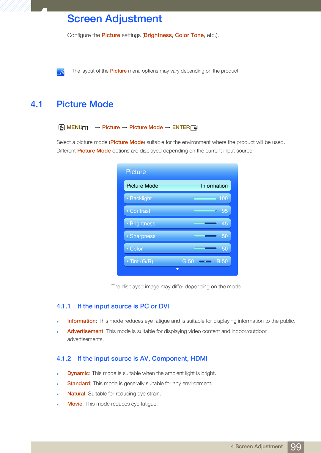 Samsung LH40MDBPLGC/XY, LH55MDBPLGC/EN, LH40MDBPLGC/EN Screen Adjustment, Picture Mode, If the input source is PC or DVI 