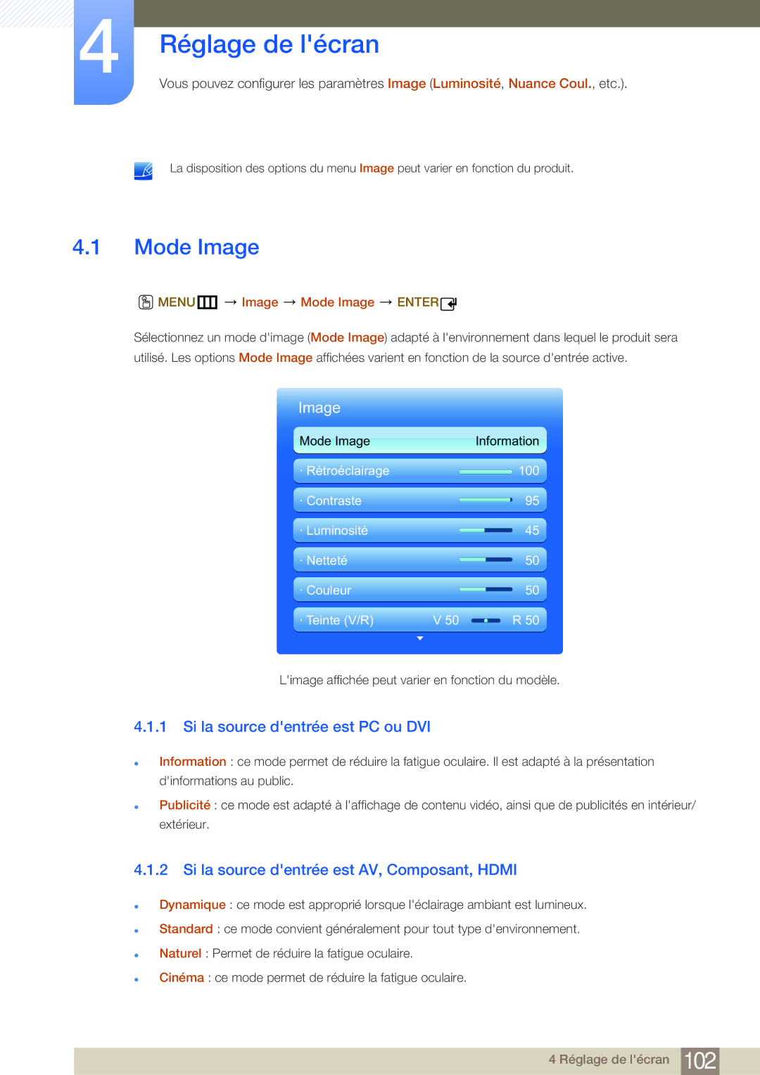 Samsung LH46MDBPLGC/EN manual Réglage de lécran, Si la source dentrée est PC ou DVI, MENUm Image Mode Image Enter 