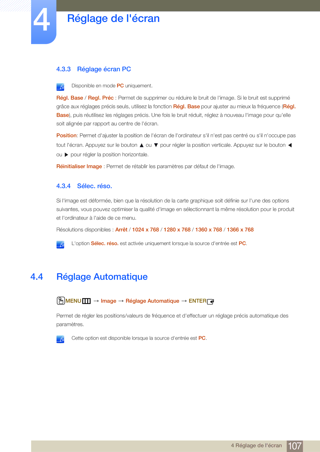Samsung LH32MDBPLGC/EN, LH55MDBPLGC/EN manual 3 Réglage écran PC, 4 Sélec. réso, MENUm Image Réglage Automatique Enter 