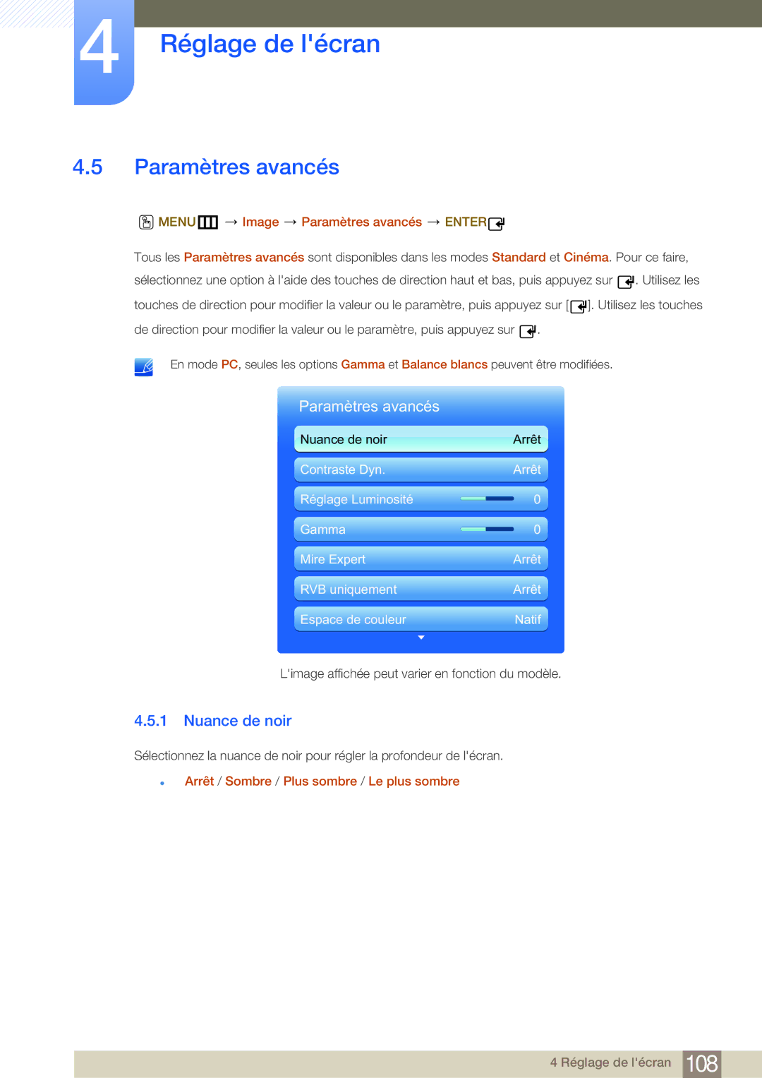 Samsung LH55MDBPLGC/EN, LH40MDBPLGC/EN, LH46MDBPLGC/EN manual Nuance de noir, MENUm Image Paramètres avancés Enter 