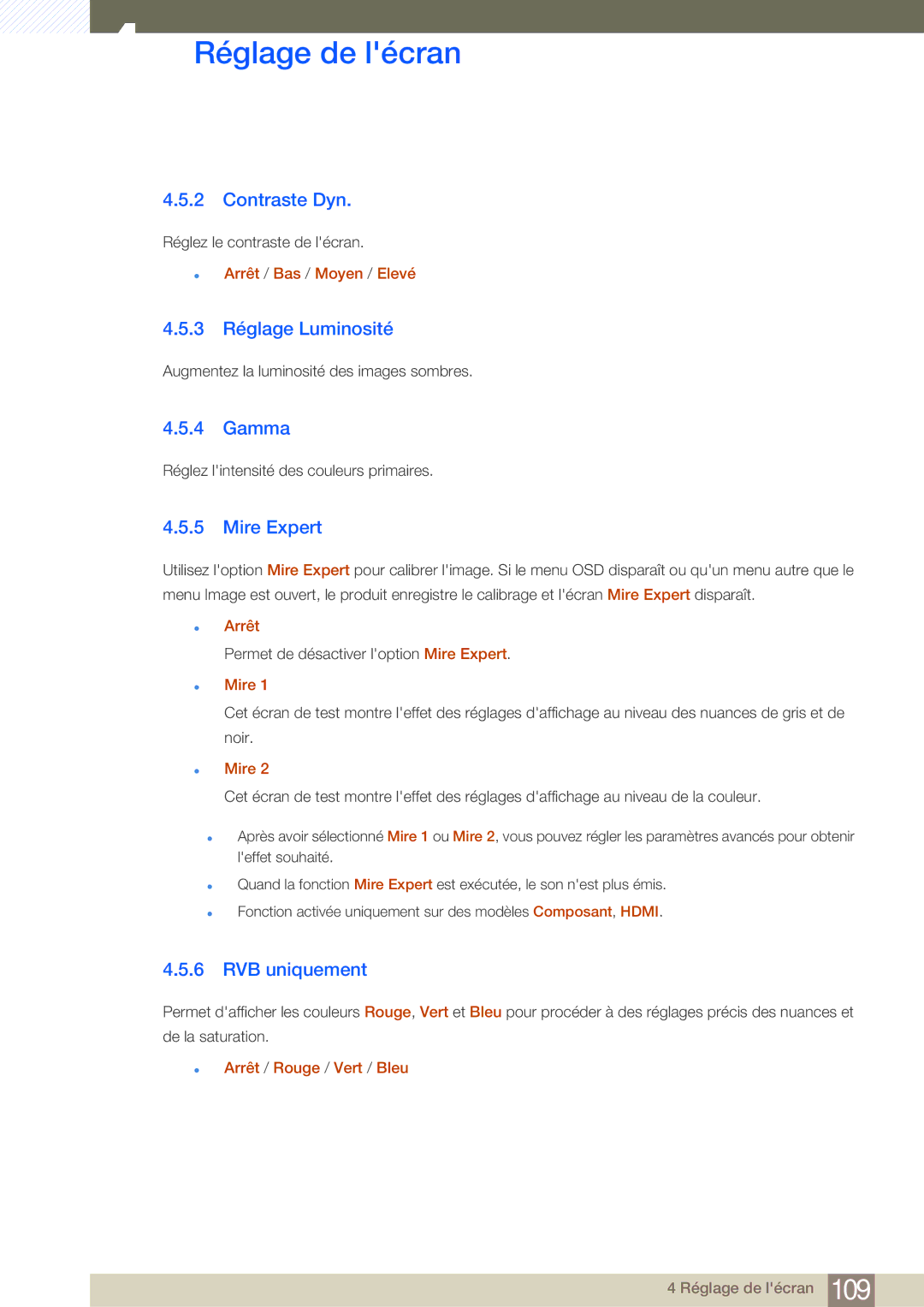 Samsung LH40MDBPLGC/EN, LH55MDBPLGC/EN manual Contraste Dyn, 3 Réglage Luminosité, Gamma, Mire Expert, RVB uniquement 