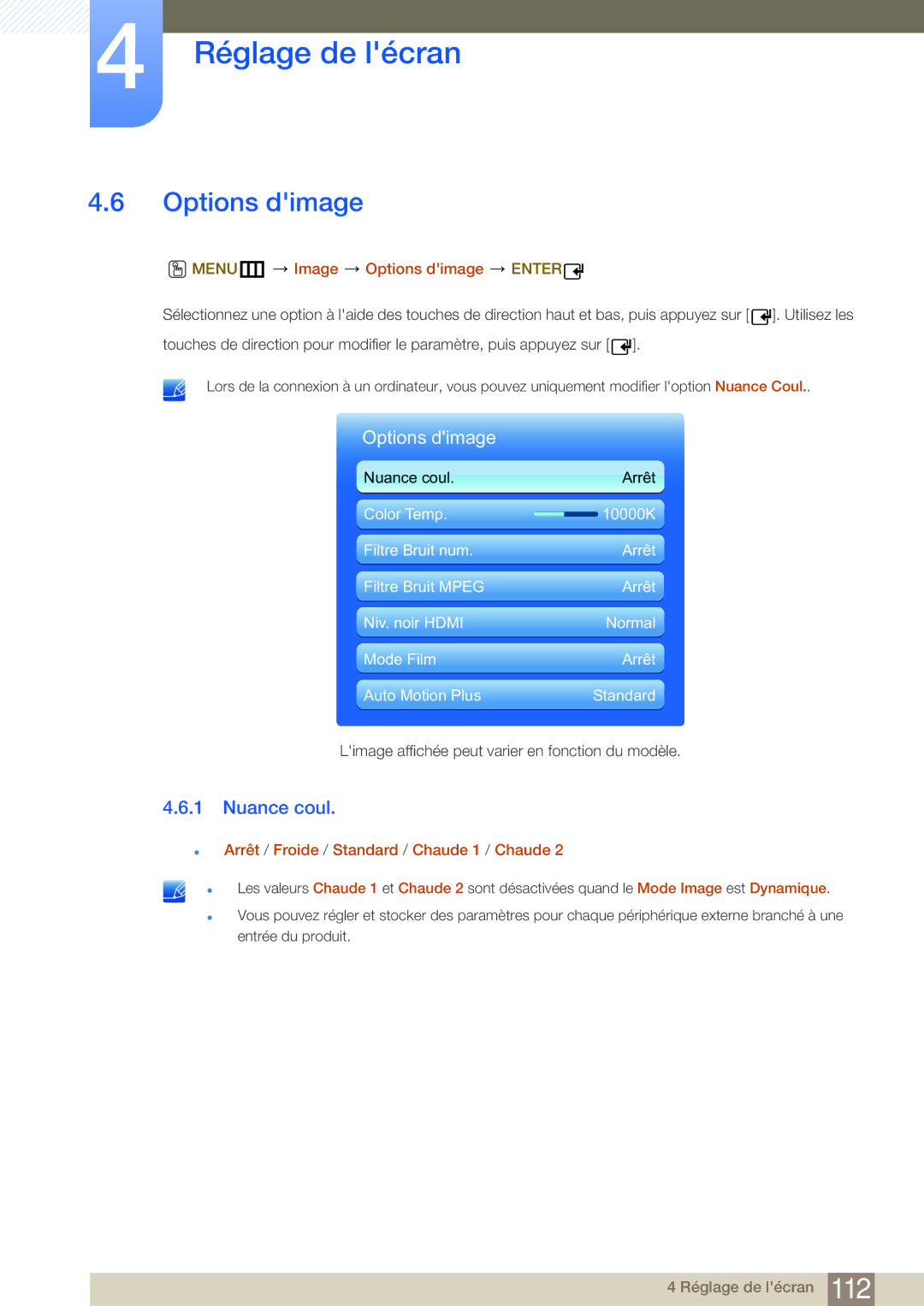 Samsung LH55MDBPLGC/EN Nuance coul, MENUm Image Options dimage Enter, Arrêt / Froide / Standard / Chaude 1 / Chaude 