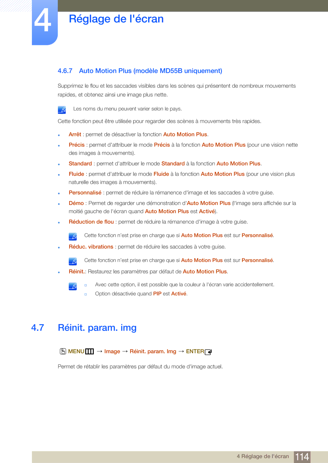 Samsung LH46MDBPLGC/EN Réinit. param. img, Auto Motion Plus modèle MD55B uniquement, MENUm Image Réinit. param. Img Enter 