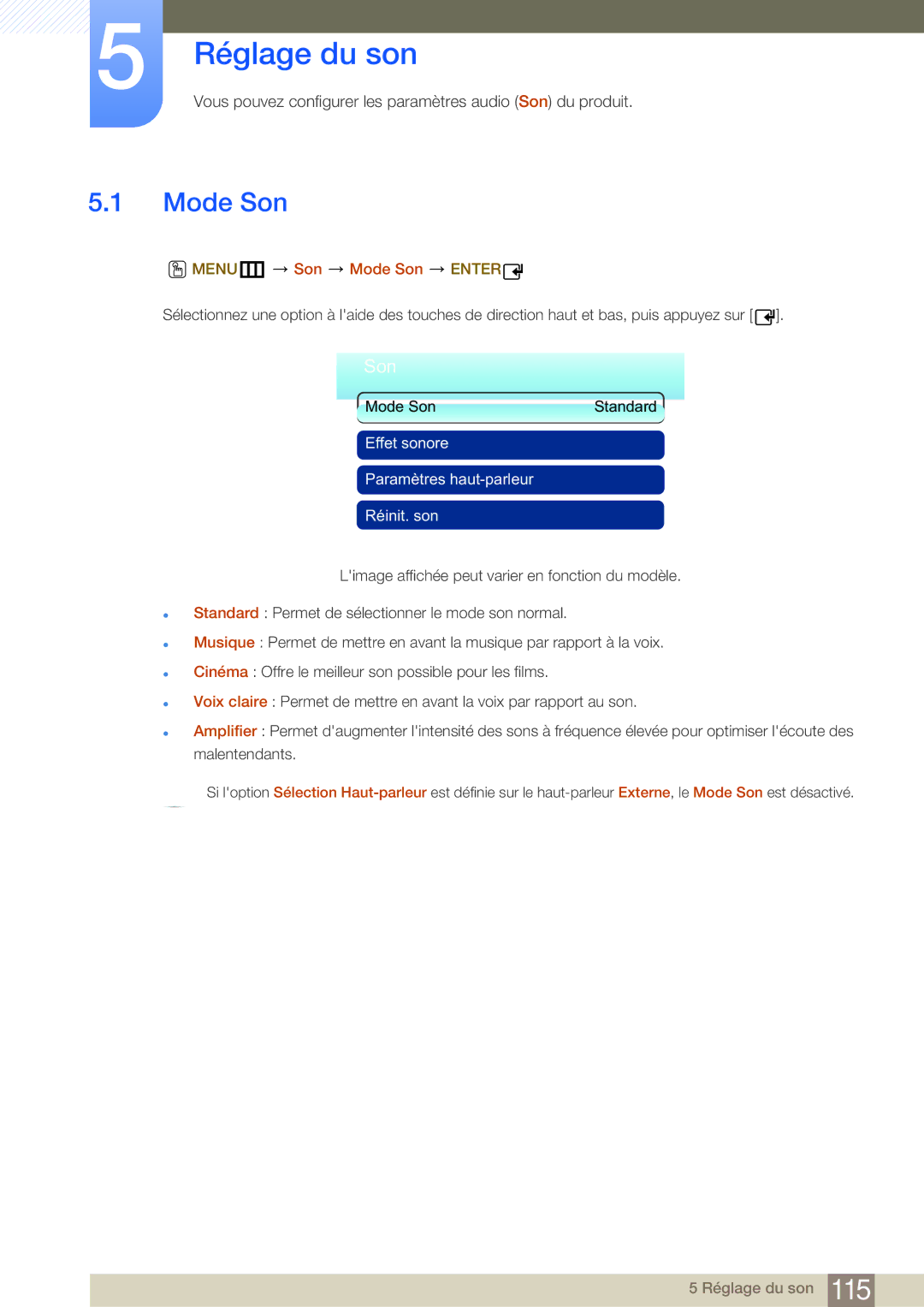 Samsung LH32MDBPLGC/EN, LH55MDBPLGC/EN, LH40MDBPLGC/EN, LH46MDBPLGC/EN manual Réglage du son, MENUm Son Mode Son Enter 