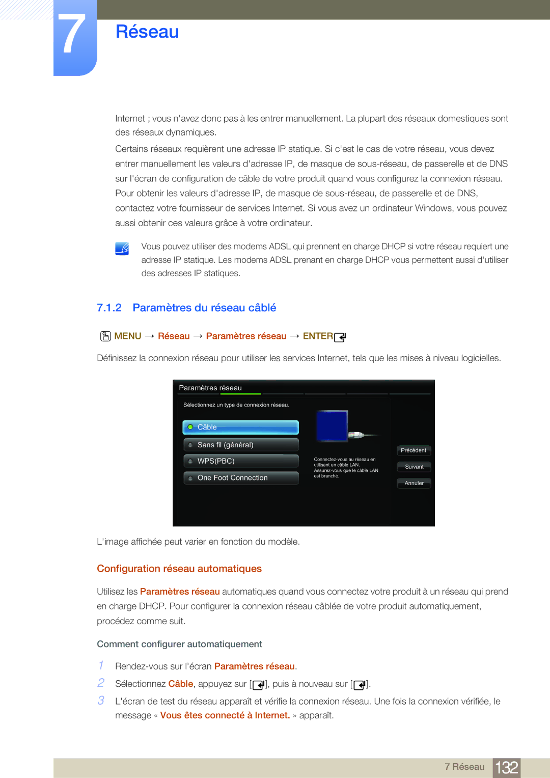 Samsung LH55MDBPLGC/EN Paramètres du réseau câblé, Configuration réseau automatiques, Menu Réseau Paramètres réseau Enter 