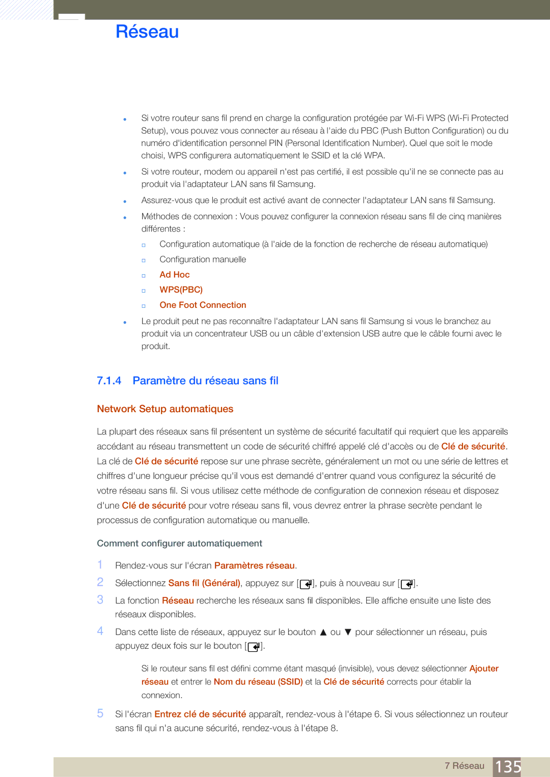 Samsung LH32MDBPLGC/EN manual Paramètre du réseau sans fil, Network Setup automatiques, Ad Hoc, One Foot Connection 