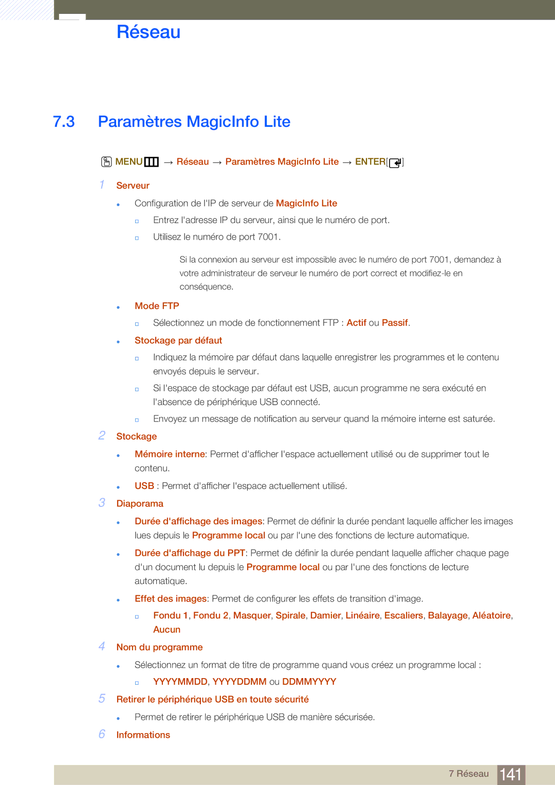 Samsung LH40MDBPLGC/EN, LH55MDBPLGC/EN, LH46MDBPLGC/EN, LH32MDBPLGC/EN manual Paramètres MagicInfo Lite 