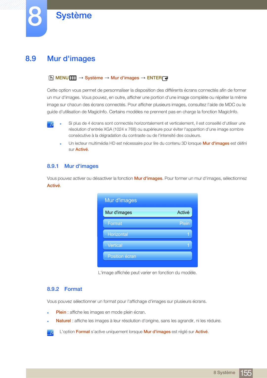 Samsung LH32MDBPLGC/EN, LH55MDBPLGC/EN, LH40MDBPLGC/EN, LH46MDBPLGC/EN manual Format, MENUm Système Mur dimages Enter 