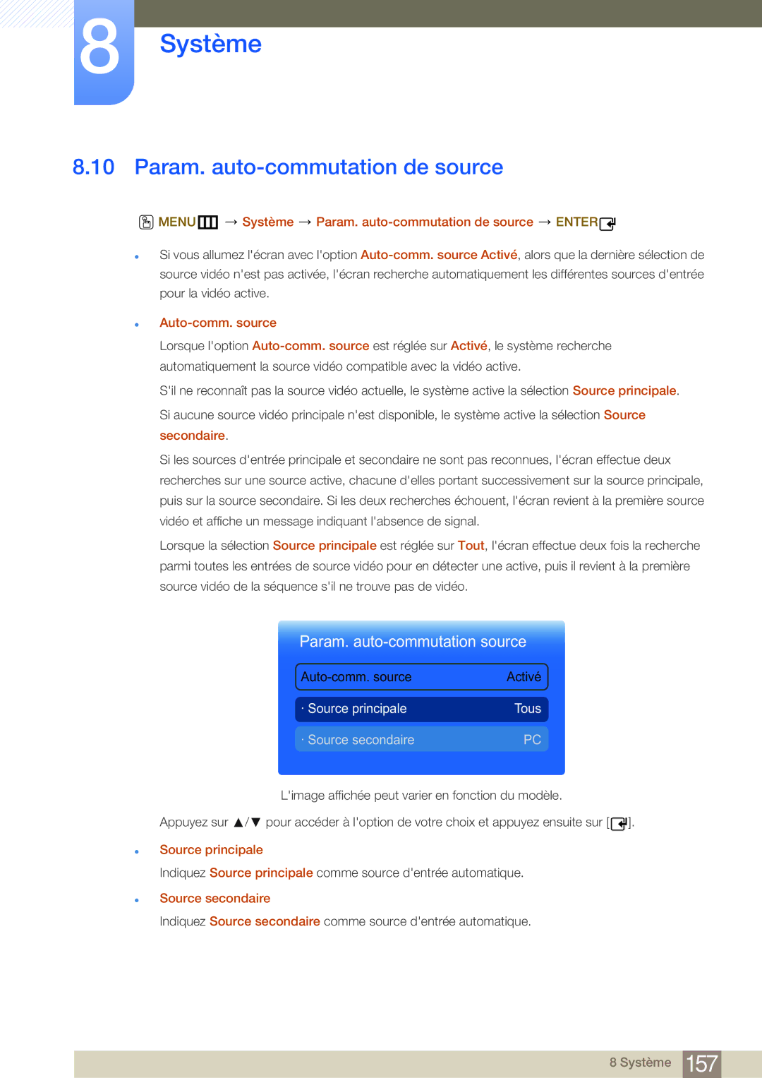 Samsung LH40MDBPLGC/EN, LH55MDBPLGC/EN manual MENUm Système Param. auto-commutation de source Enter, Auto-comm. source 