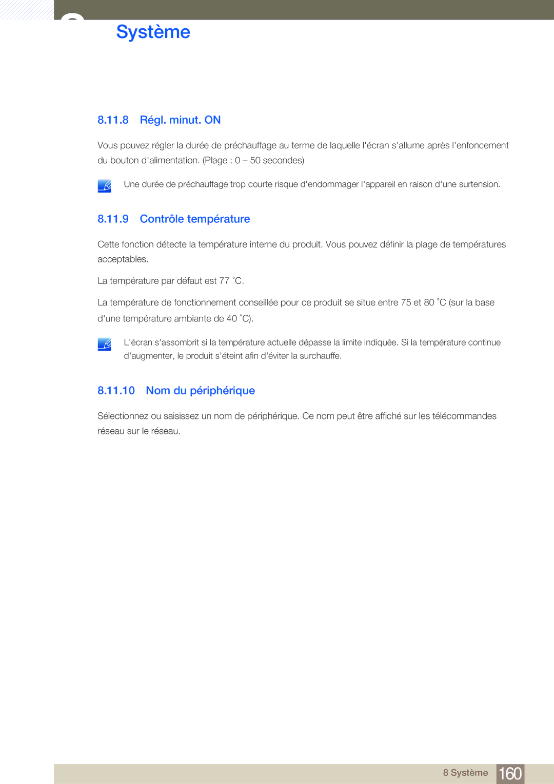 Samsung LH55MDBPLGC/EN, LH40MDBPLGC/EN, LH46MDBPLGC/EN manual 11.8 Régl. minut. on, Contrôle température, Nom du périphérique 