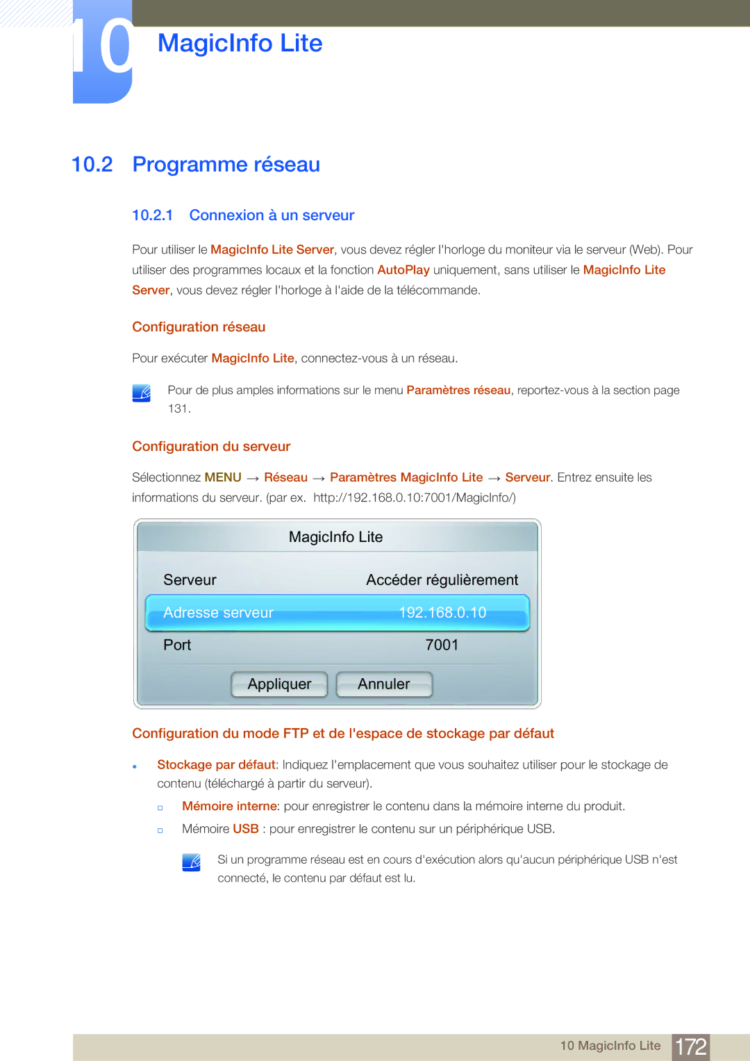 Samsung LH55MDBPLGC/EN manual Programme réseau, Connexion à un serveur, Configuration réseau, Configuration du serveur 