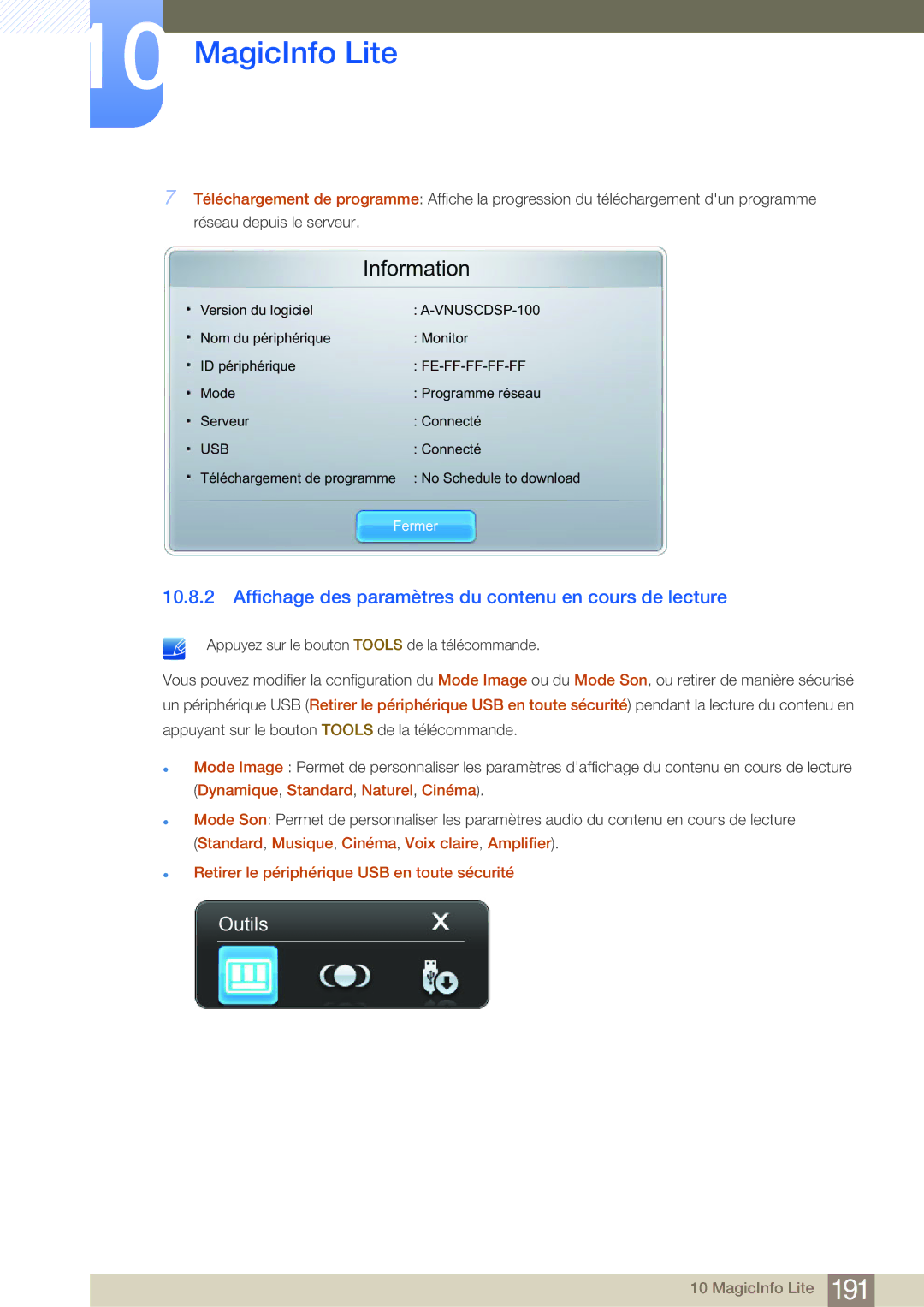 Samsung LH32MDBPLGC/EN, LH55MDBPLGC/EN, LH40MDBPLGC/EN manual Affichage des paramètres du contenu en cours de lecture 