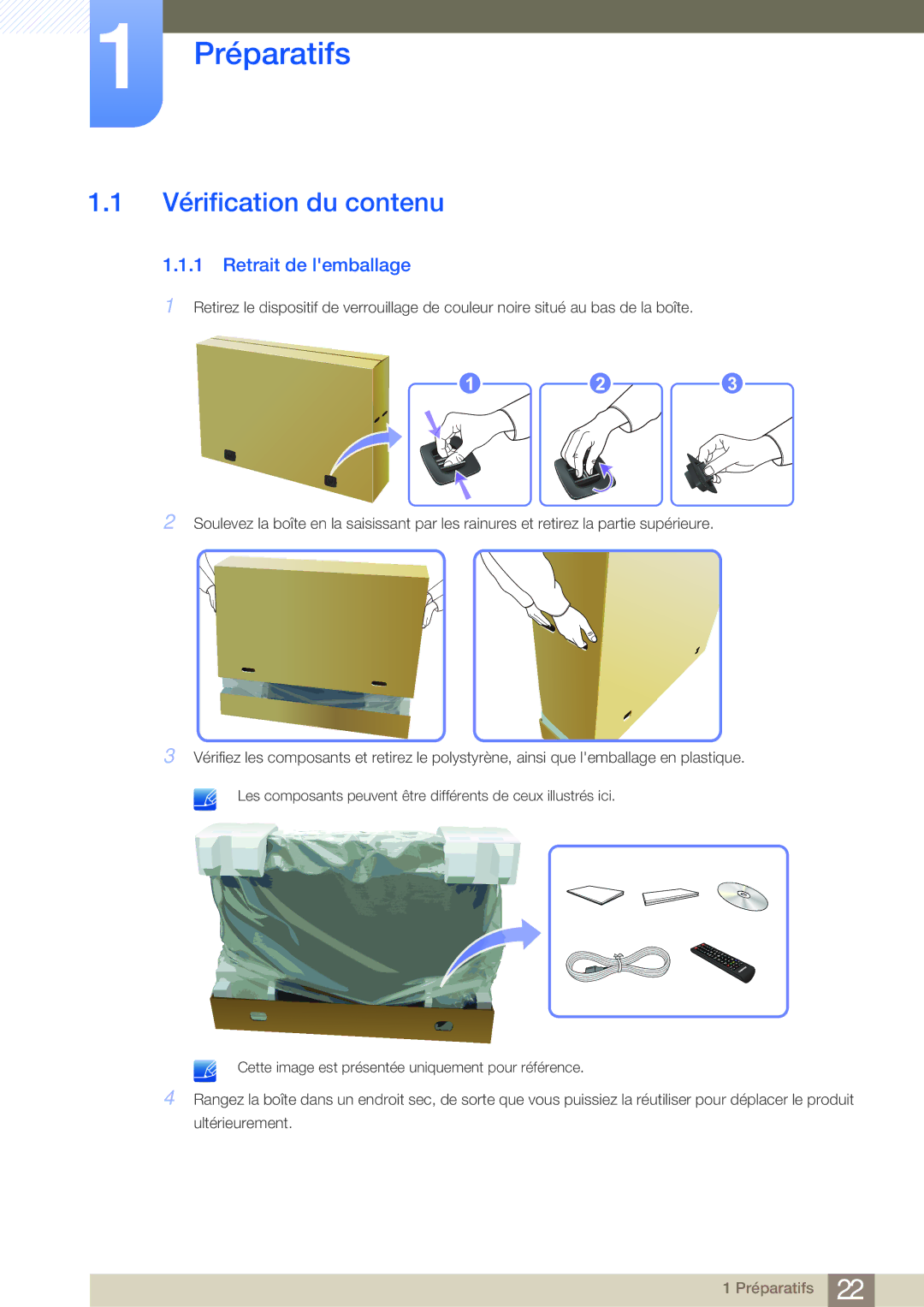 Samsung LH46MDBPLGC/EN, LH55MDBPLGC/EN, LH40MDBPLGC/EN manual Préparatifs, Vérification du contenu, Retrait de lemballage 