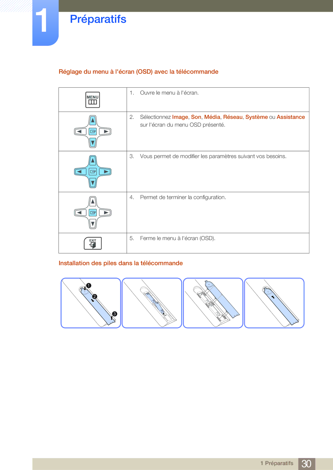 Samsung LH46MDBPLGC/EN Réglage du menu à lécran OSD avec la télécommande, Installation des piles dans la télécommande 