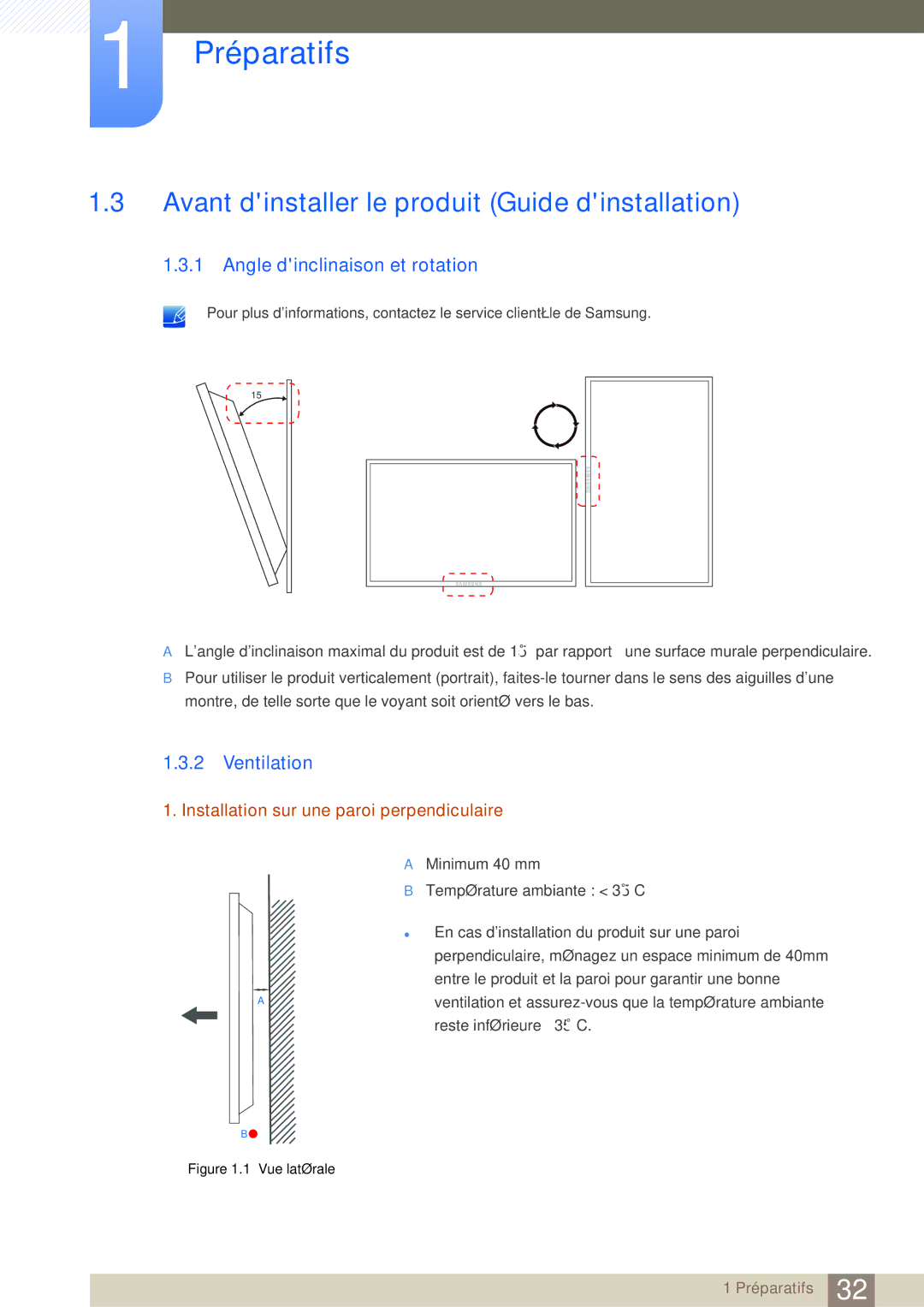 Samsung LH55MDBPLGC/EN manual Avant dinstaller le produit Guide dinstallation, Angle dinclinaison et rotation, Ventilation 