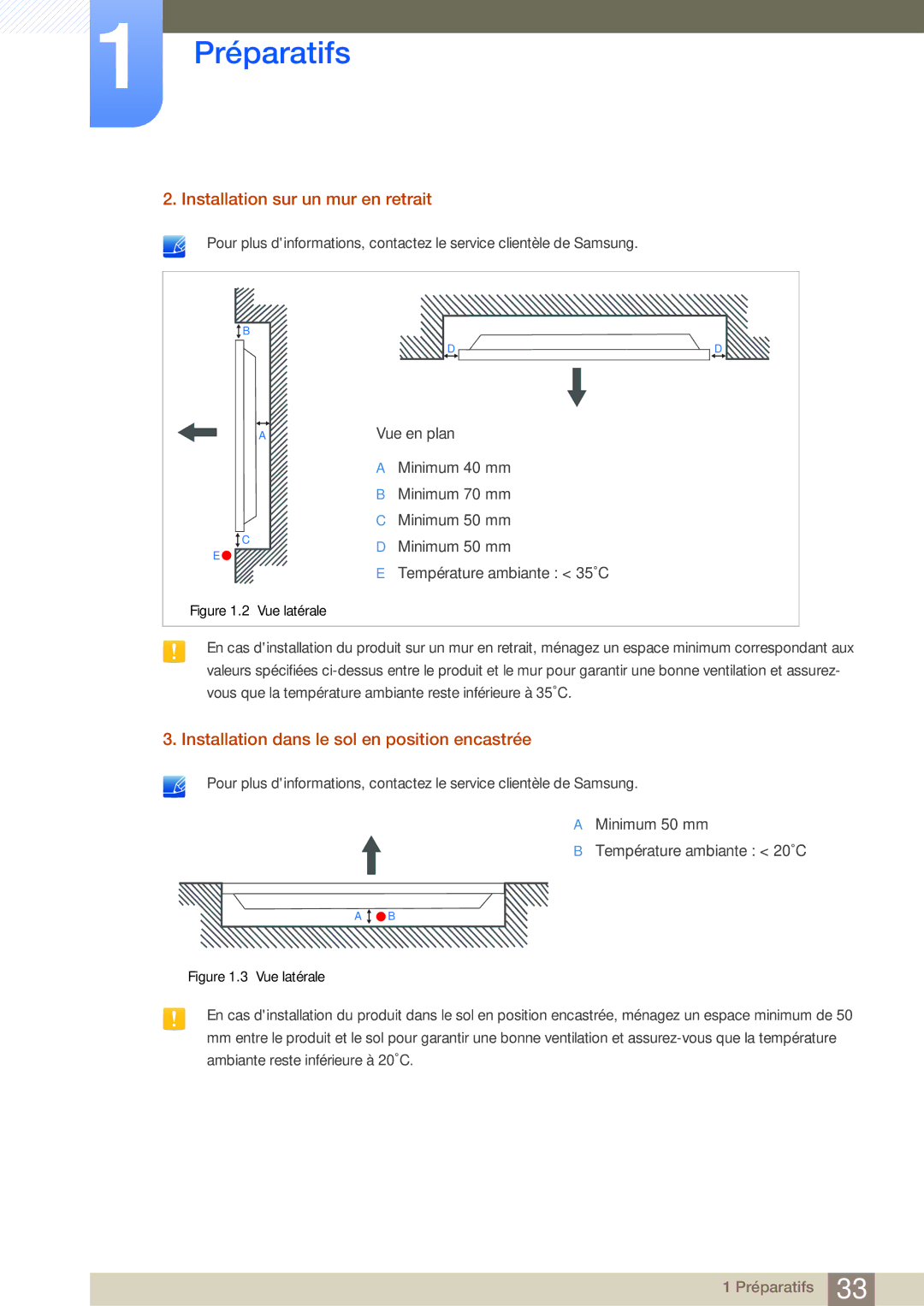 Samsung LH40MDBPLGC/EN, LH55MDBPLGC/EN Installation sur un mur en retrait, Installation dans le sol en position encastrée 