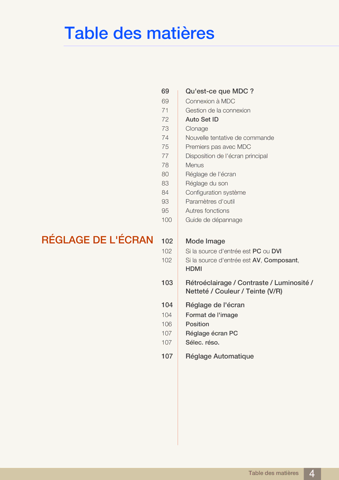 Samsung LH55MDBPLGC/EN, LH40MDBPLGC/EN, LH46MDBPLGC/EN, LH32MDBPLGC/EN manual Réglage DE Lécran 