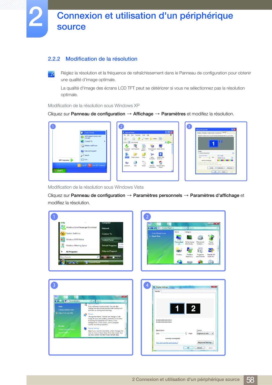 Samsung LH46MDBPLGC/EN Modification de la résolution sous Windows XP, Modification de la résolution sous Windows Vista 