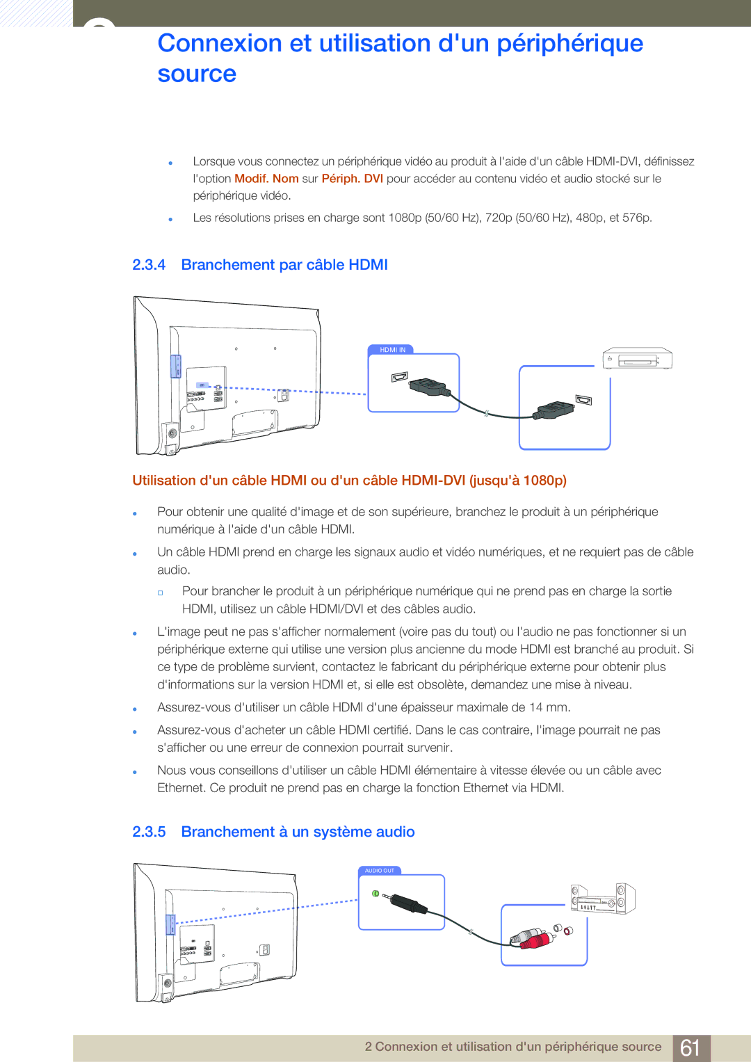 Samsung LH40MDBPLGC/EN, LH55MDBPLGC/EN, LH46MDBPLGC/EN manual Branchement par câble Hdmi, Branchement à un système audio 