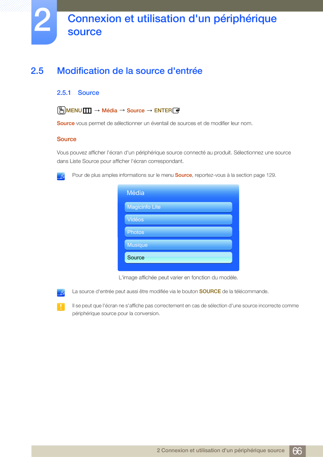 Samsung LH46MDBPLGC/EN, LH55MDBPLGC/EN, LH40MDBPLGC/EN manual Modification de la source dentrée, MENUm Média Source Enter 