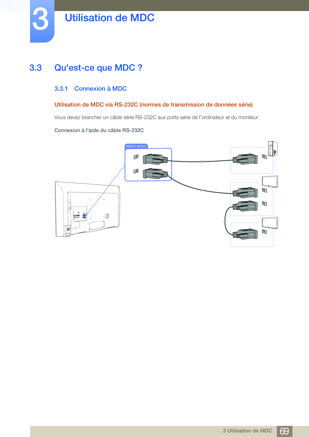 Samsung LH40MDBPLGC/EN, LH55MDBPLGC/EN manual Quest-ce que MDC ?, Connexion à MDC, Connexion à laide du câble RS-232C 