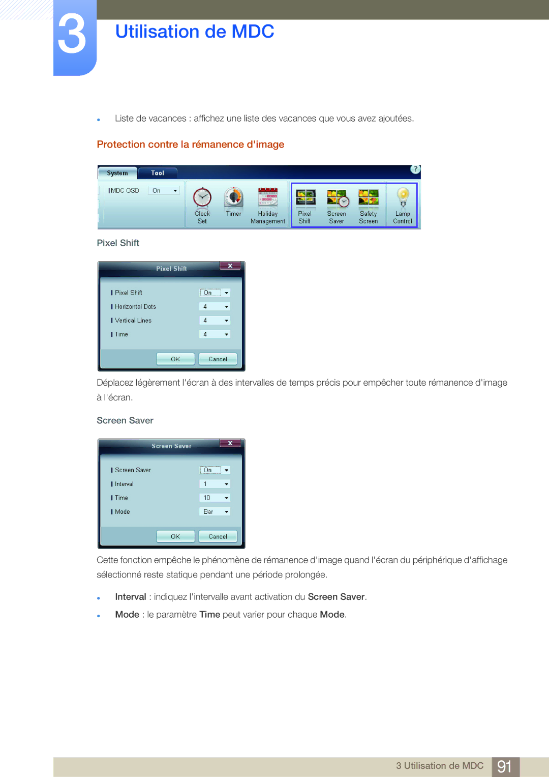 Samsung LH32MDBPLGC/EN, LH55MDBPLGC/EN, LH40MDBPLGC/EN Protection contre la rémanence dimage, Pixel Shift, Screen Saver 