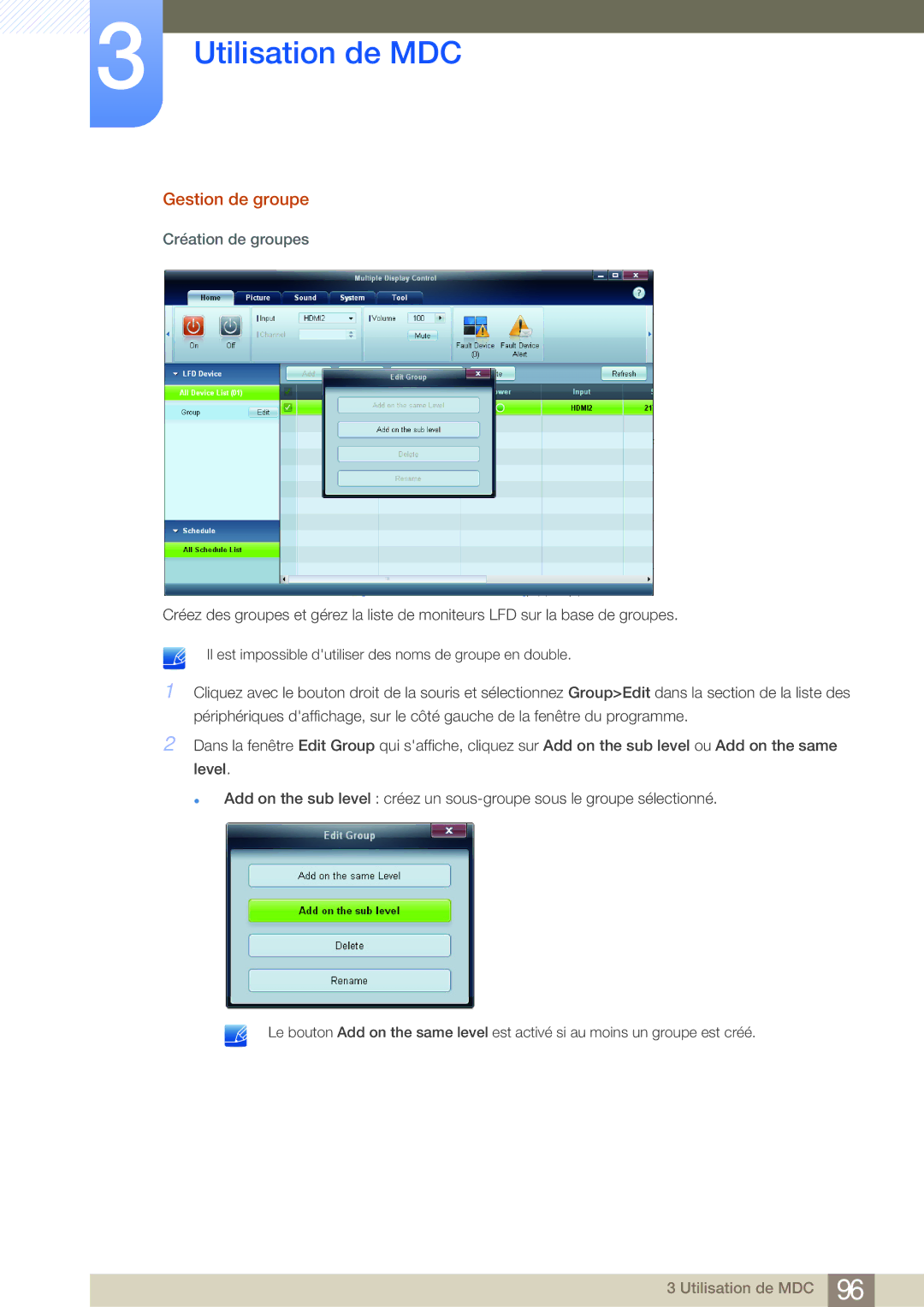 Samsung LH55MDBPLGC/EN, LH40MDBPLGC/EN, LH46MDBPLGC/EN, LH32MDBPLGC/EN manual Gestion de groupe, Création de groupes 