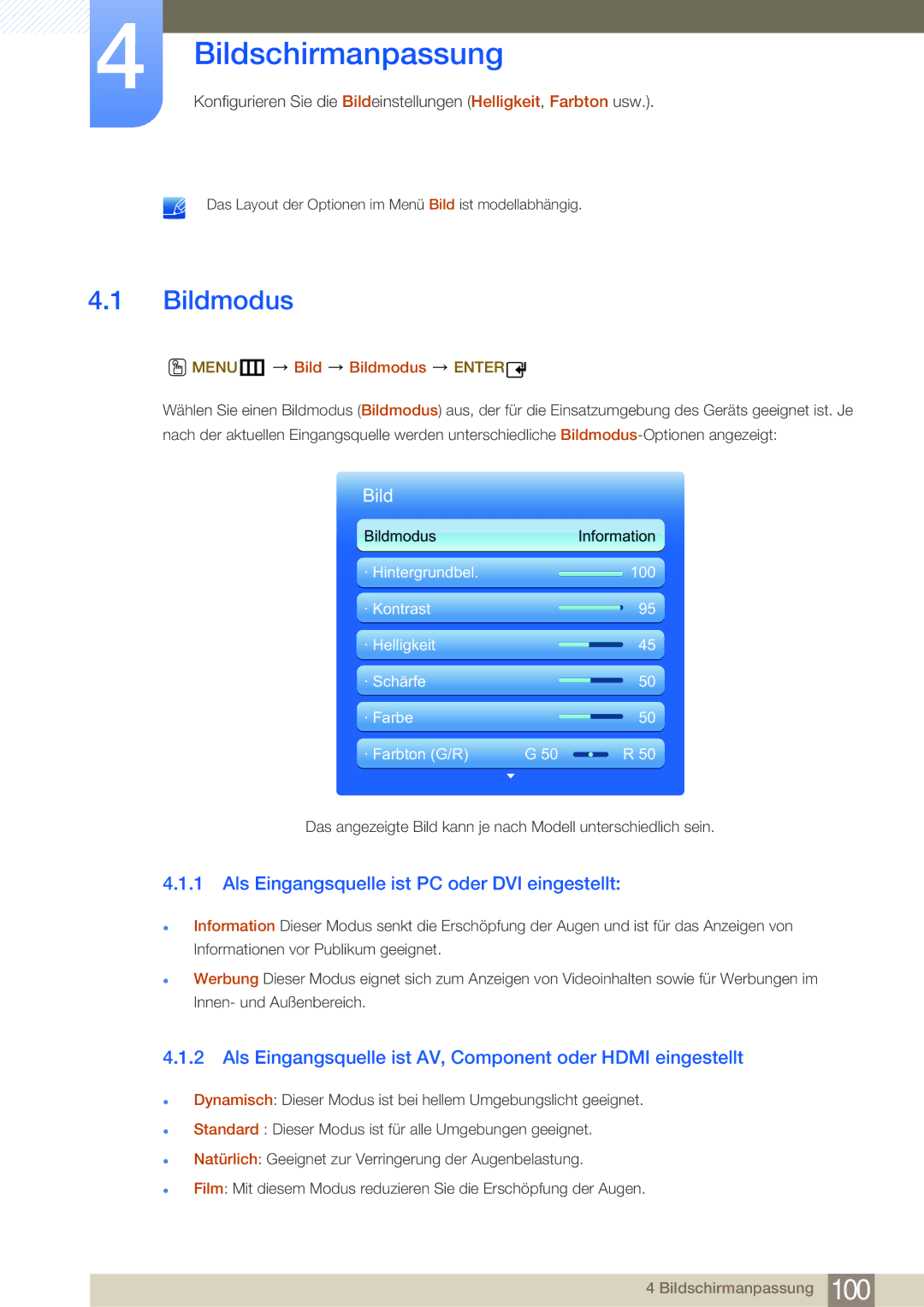 Samsung LH55MDBPLGC/EN, LH40MDBPLGC/EN manual Bildschirmanpassung, Bildmodus, Als Eingangsquelle ist PC oder DVI eingestellt 