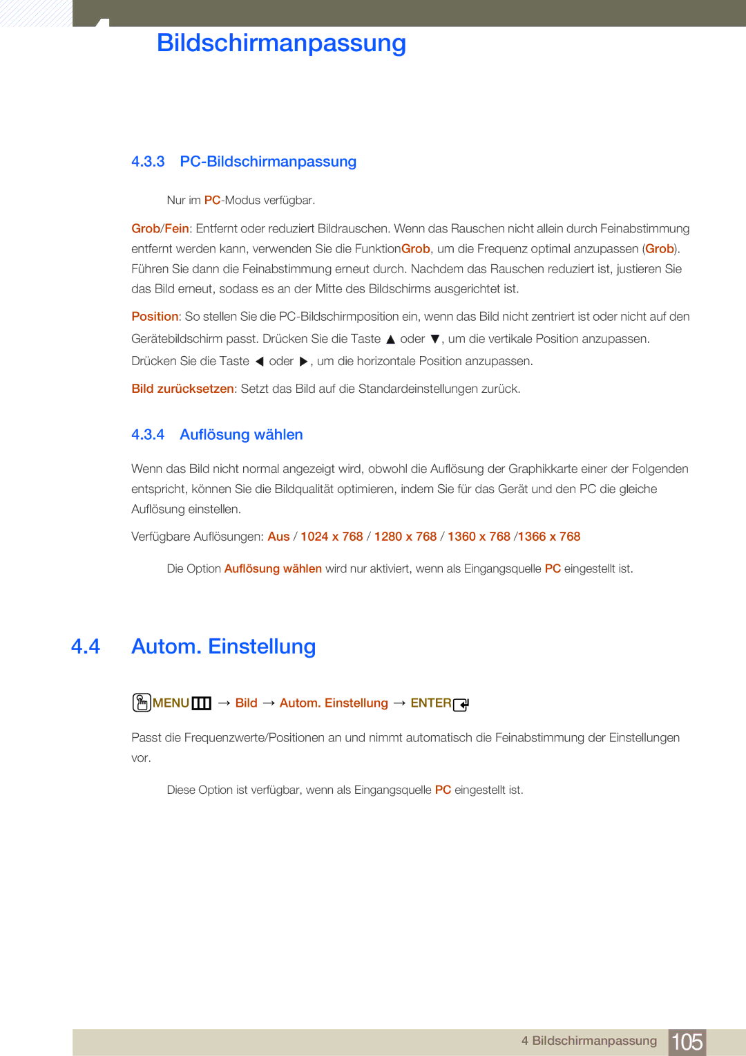 Samsung LH40MDBPLGC/EN, LH55MDBPLGC/EN PC-Bildschirmanpassung, Auflösung wählen, MENUm Bild Autom. Einstellung Enter 