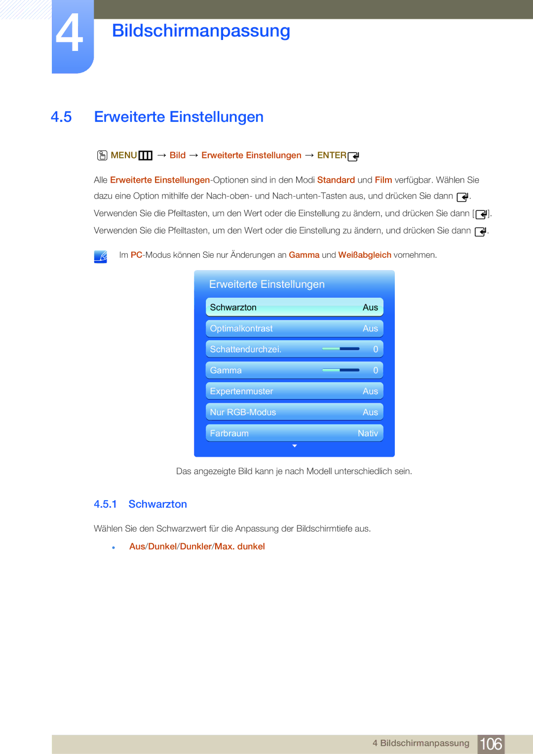 Samsung LH46MDBPLGC/EN manual Schwarzton, MENUm Bild Erweiterte Einstellungen Enter,  Aus/Dunkel/Dunkler/Max. dunkel 