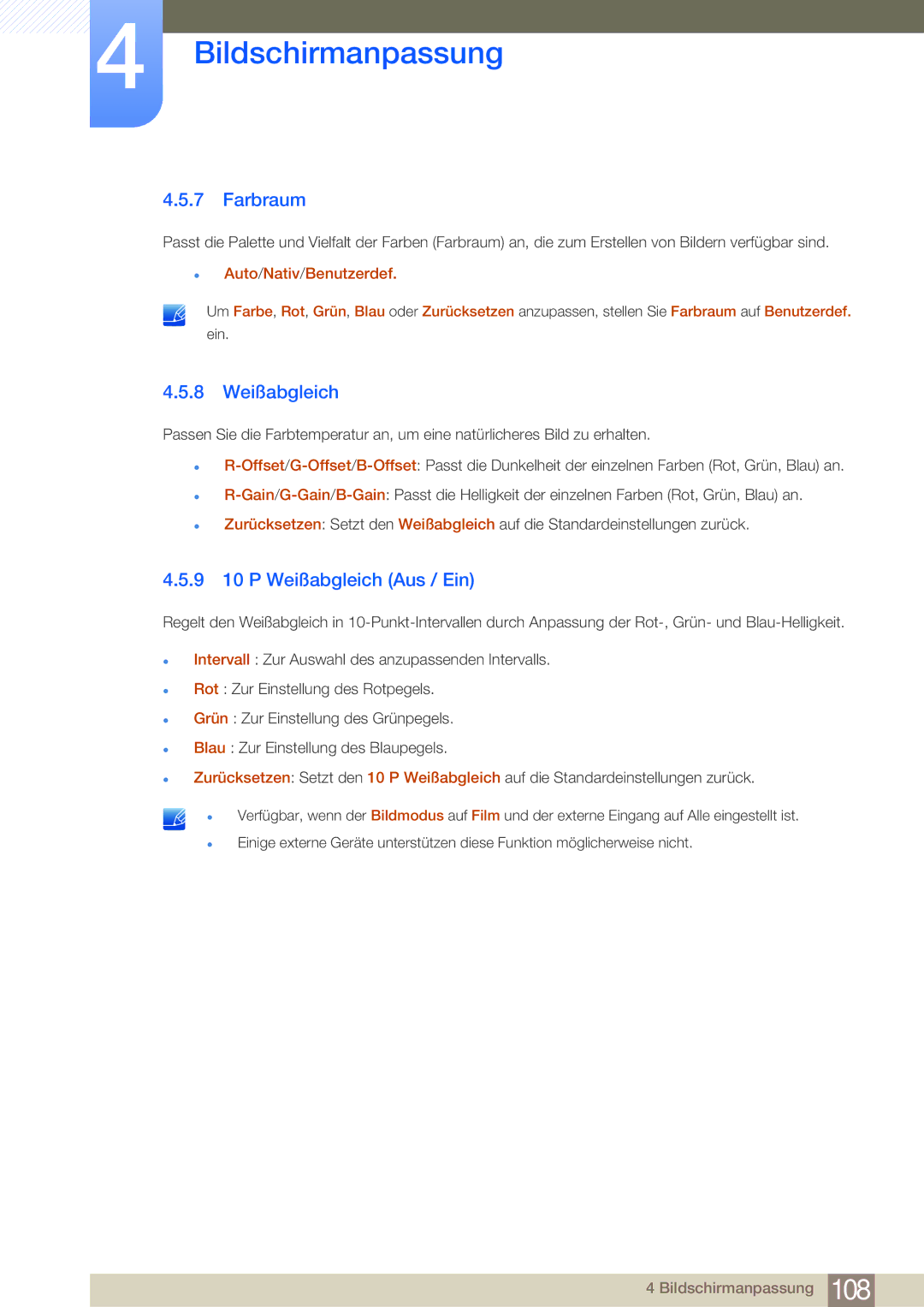 Samsung LH55MDBPLGC/EN, LH40MDBPLGC/EN, LH46MDBPLGC/EN manual Farbraum, 8 Weißabgleich, 9 10 P Weißabgleich Aus / Ein 