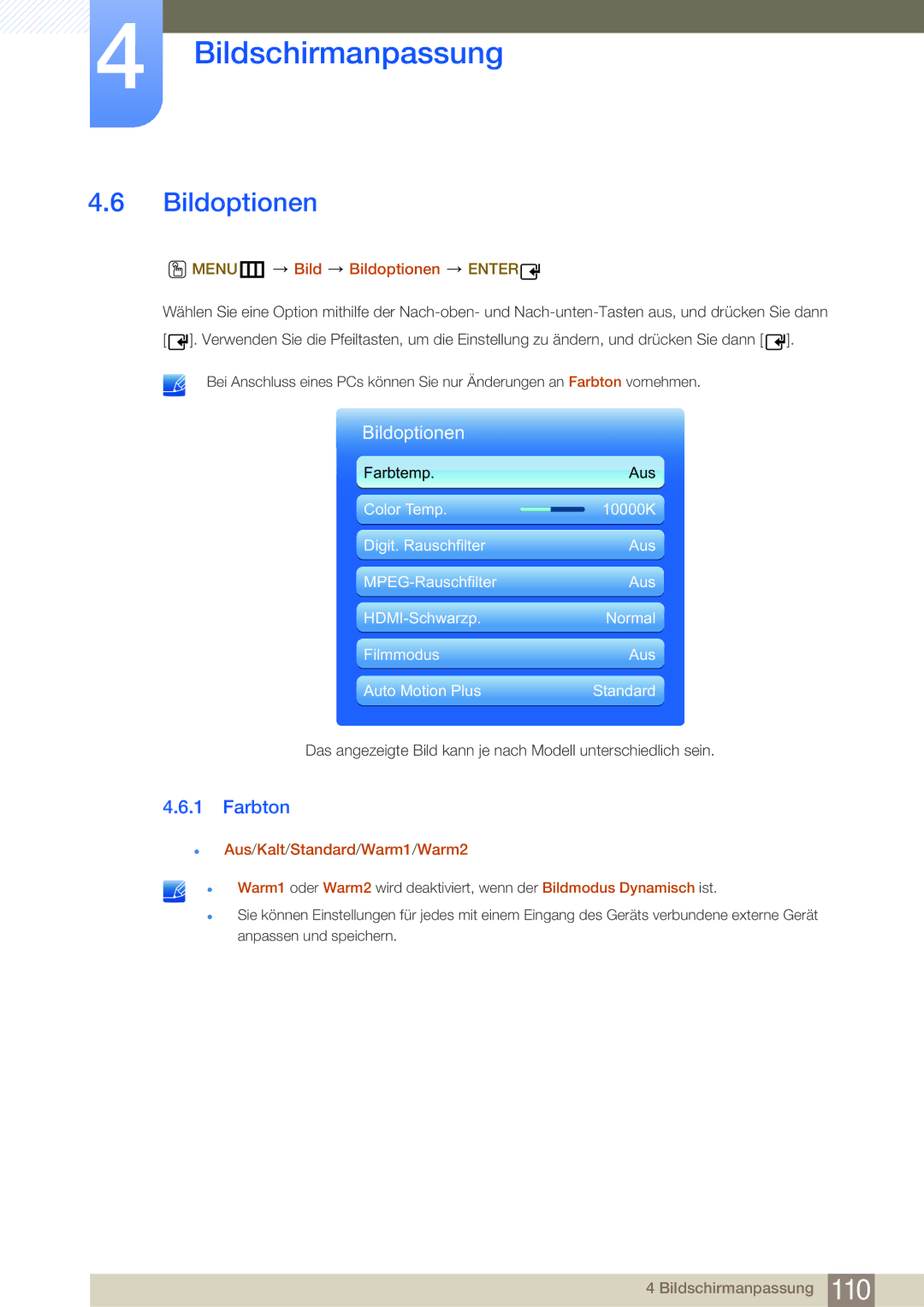 Samsung LH46MDBPLGC/EN, LH55MDBPLGC/EN manual Farbton, MENUm Bild Bildoptionen Enter, Aus/Kalt/Standard/Warm1/Warm2 