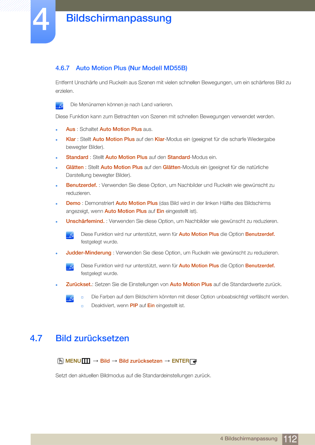 Samsung LH55MDBPLGC/EN manual Bild zurücksetzen, Auto Motion Plus Nur Modell MD55B, Aus Schaltet Auto Motion Plus aus 