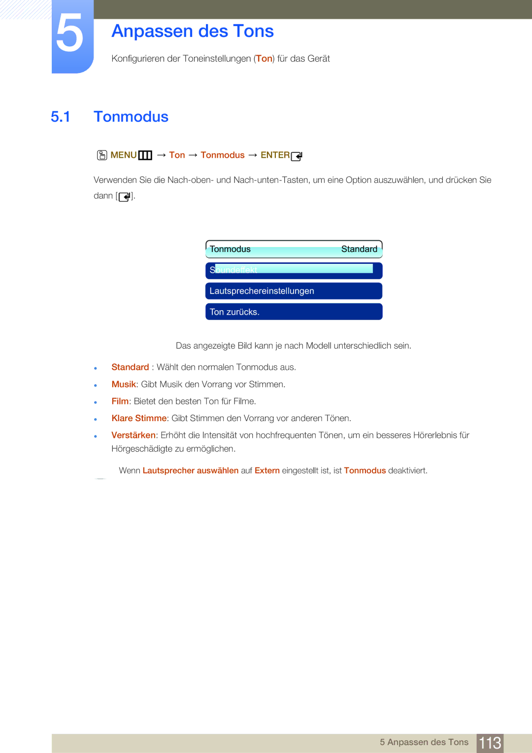 Samsung LH40MDBPLGC/EN, LH55MDBPLGC/EN, LH46MDBPLGC/EN, LH32MDBPLGC/EN manual Anpassen des Tons, MENUm Ton Tonmodus Enter 