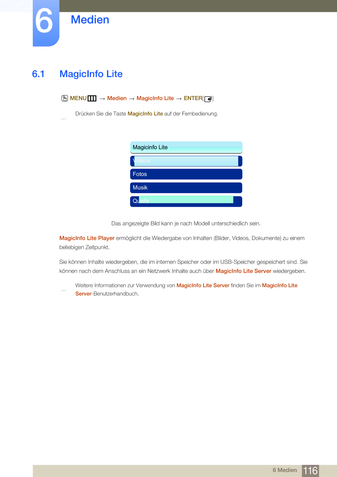 Samsung LH55MDBPLGC/EN, LH40MDBPLGC/EN, LH46MDBPLGC/EN, LH32MDBPLGC/EN manual MENUm Medien MagicInfo Lite Enter 