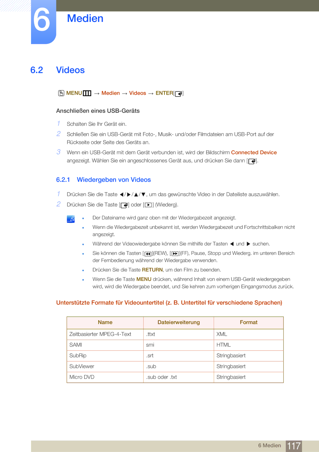 Samsung LH40MDBPLGC/EN, LH55MDBPLGC/EN, LH46MDBPLGC/EN, LH32MDBPLGC/EN Wiedergeben von Videos, MENUm Medien Videos Enter 