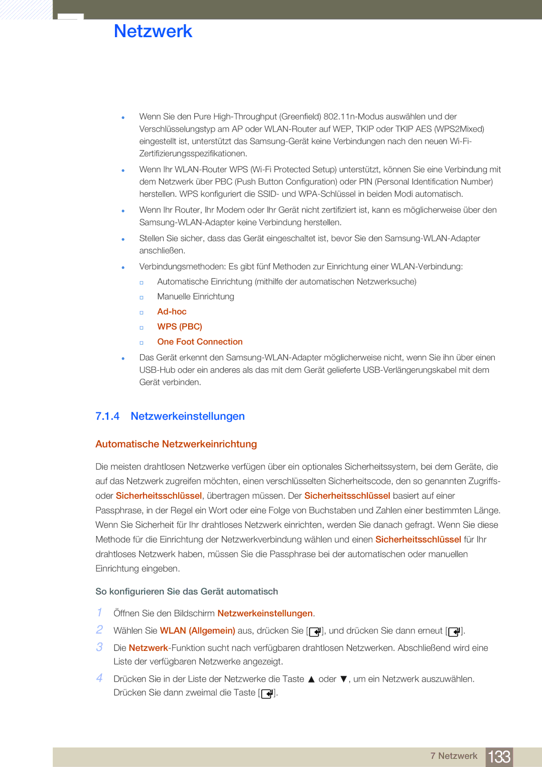 Samsung LH40MDBPLGC/EN, LH55MDBPLGC/EN, LH46MDBPLGC/EN, LH32MDBPLGC/EN Netzwerkeinstellungen, Ad-hoc, One Foot Connection 