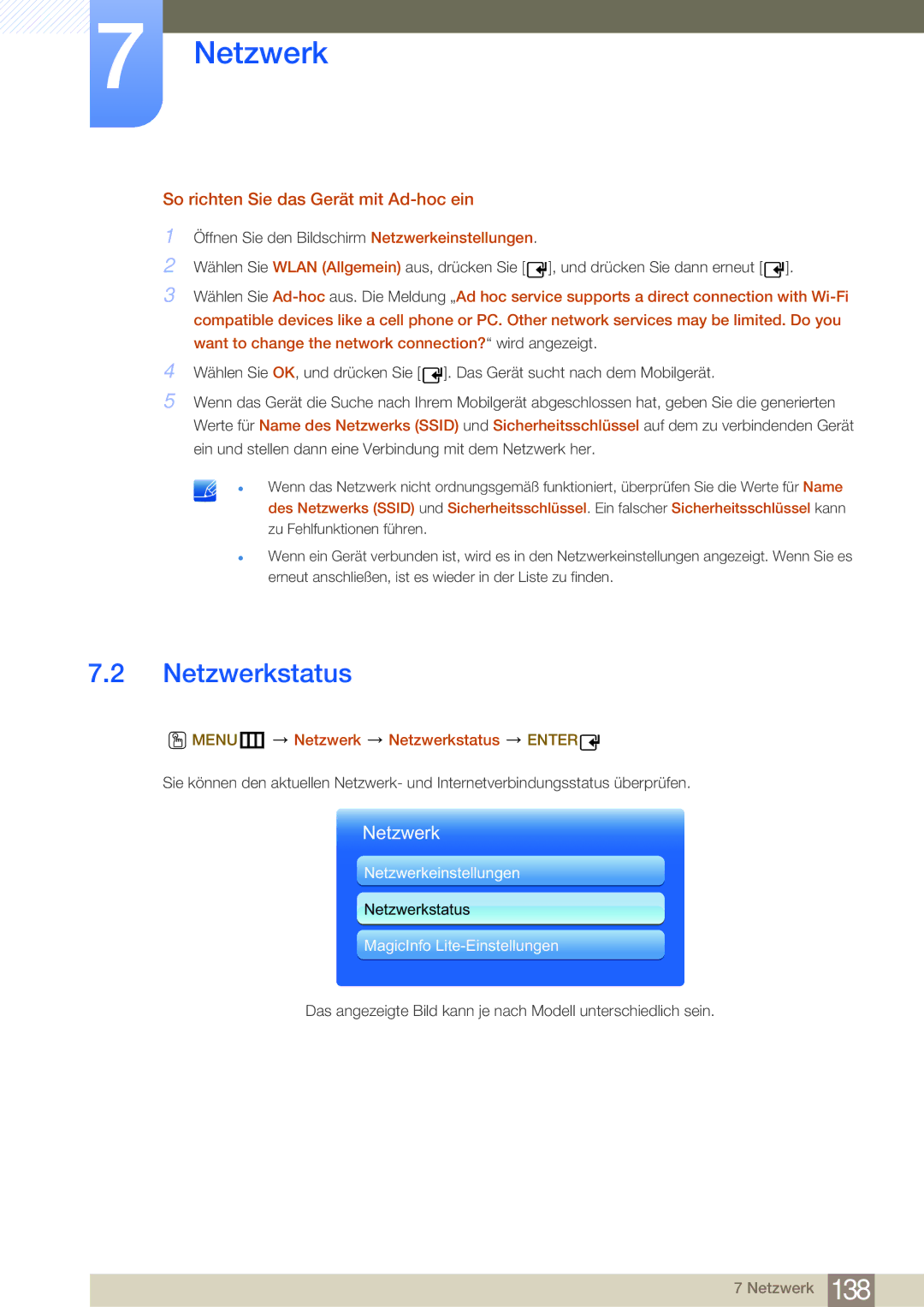 Samsung LH46MDBPLGC/EN, LH55MDBPLGC/EN So richten Sie das Gerät mit Ad-hoc ein, MENUm Netzwerk Netzwerkstatus Enter 