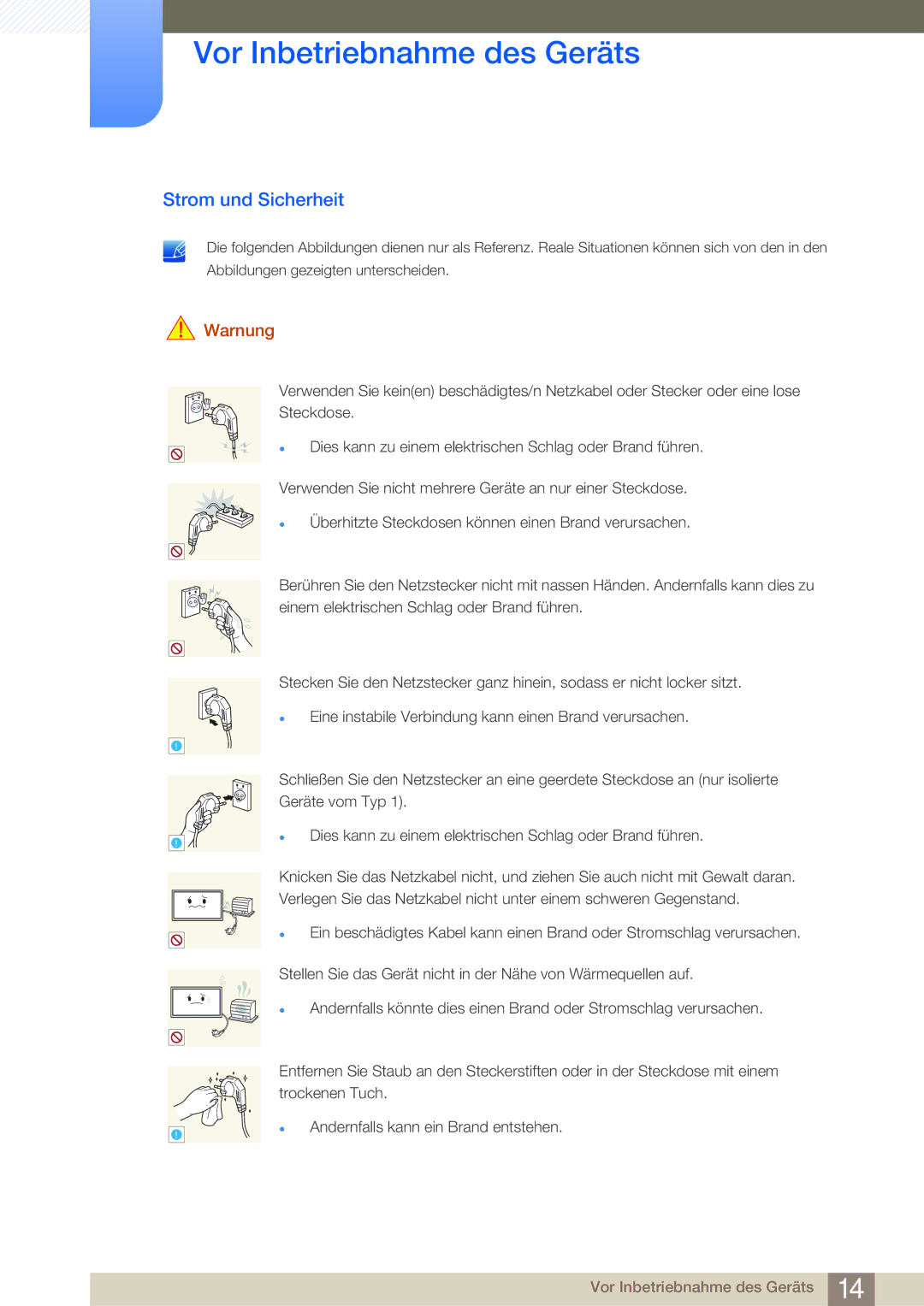 Samsung LH46MDBPLGC/EN, LH55MDBPLGC/EN, LH40MDBPLGC/EN, LH32MDBPLGC/EN manual Strom und Sicherheit, Warnung 